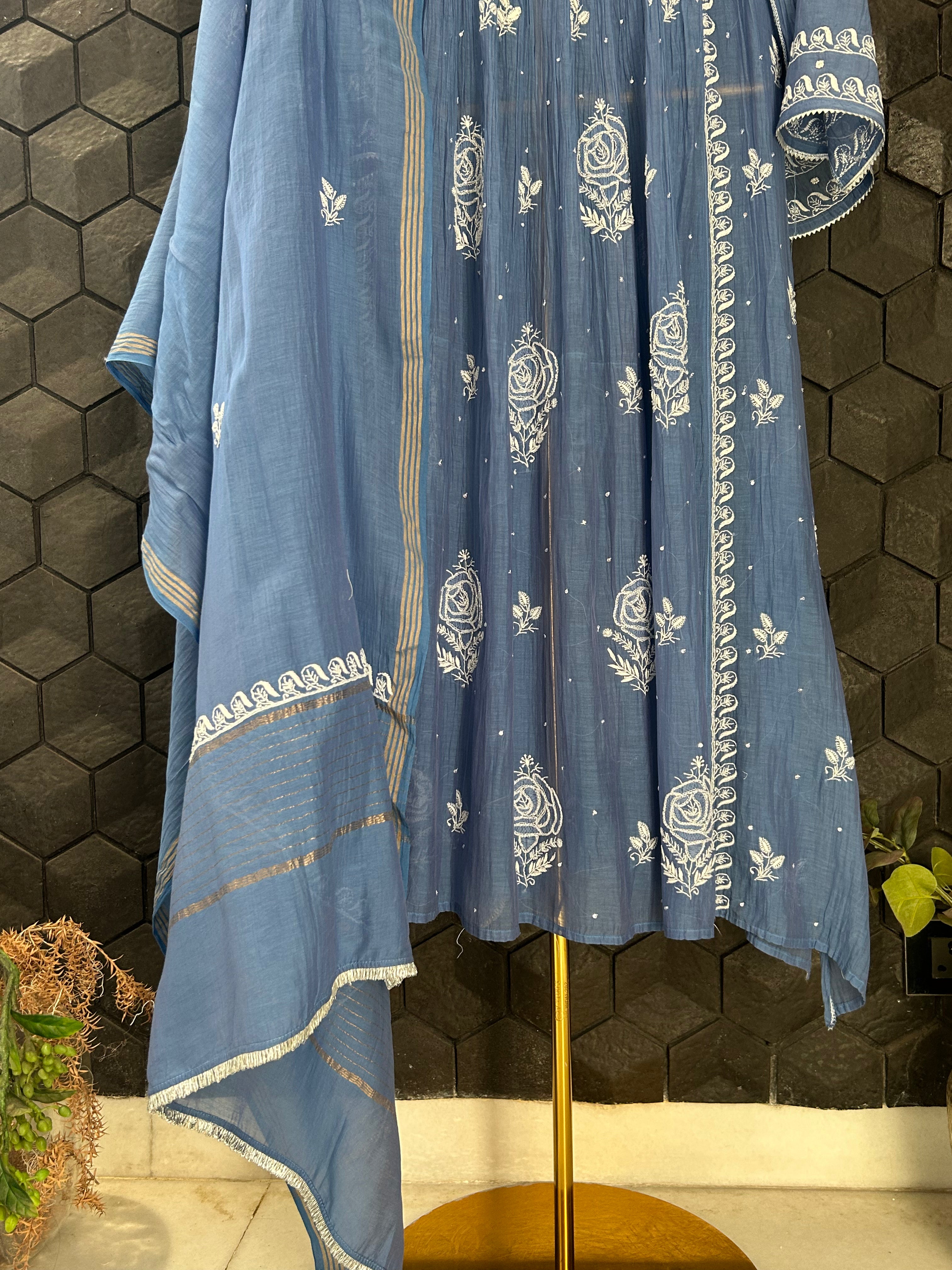 Blue Mul Chanderi Chikankari kurta Set