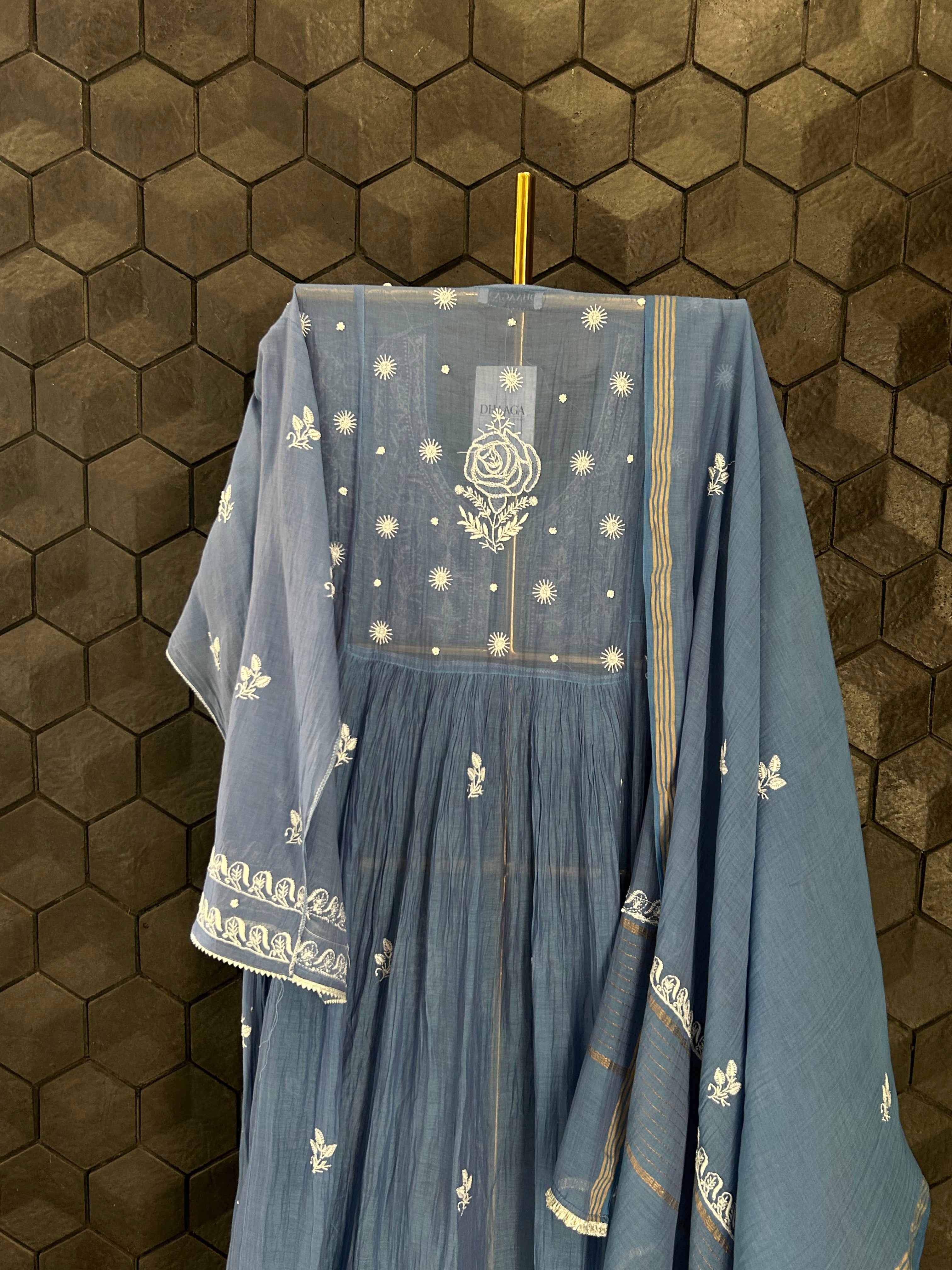 Blue Mul Chanderi Chikankari kurta Set