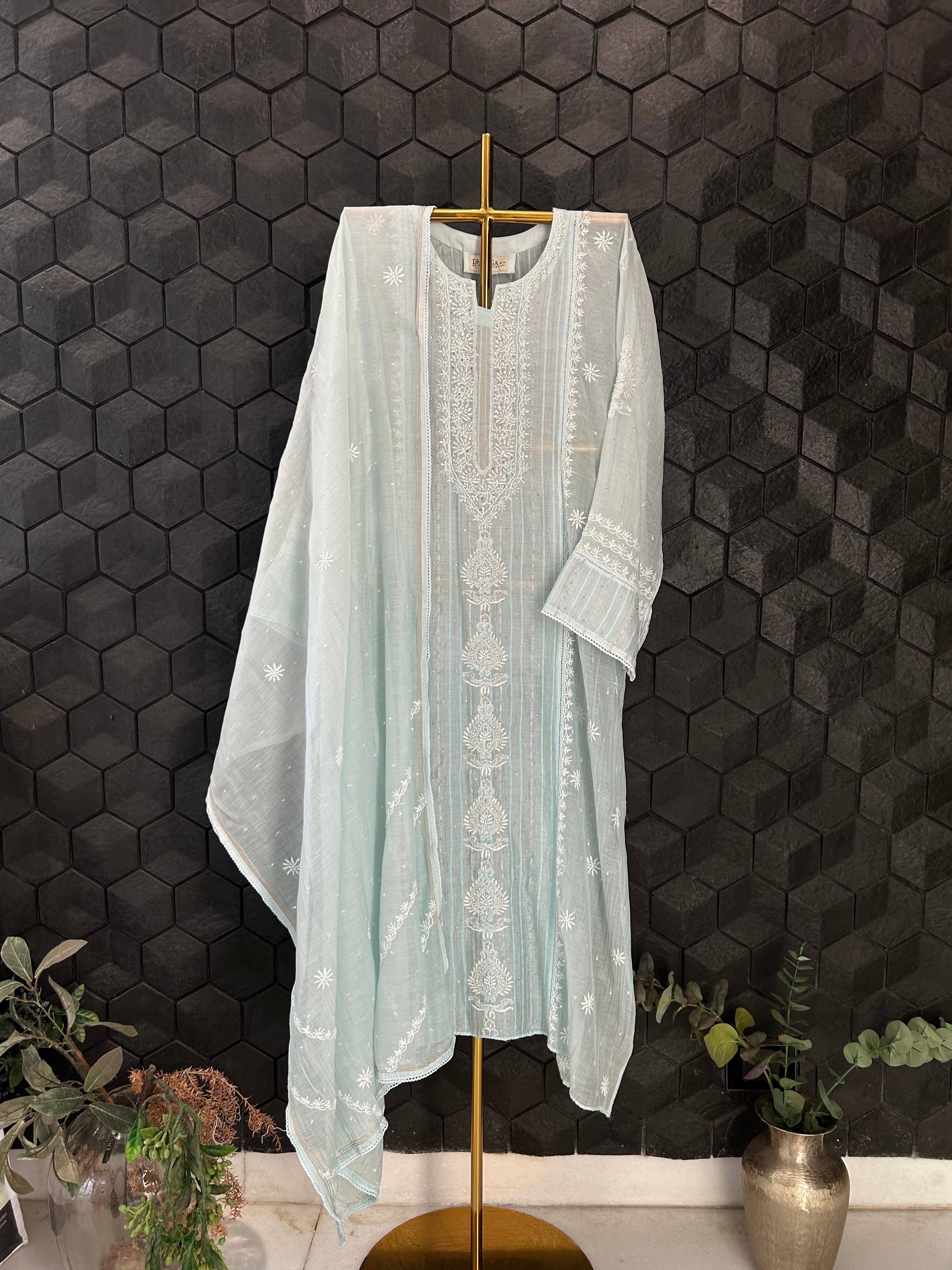 Green Mul Chanderi Chikankari Kurta Set