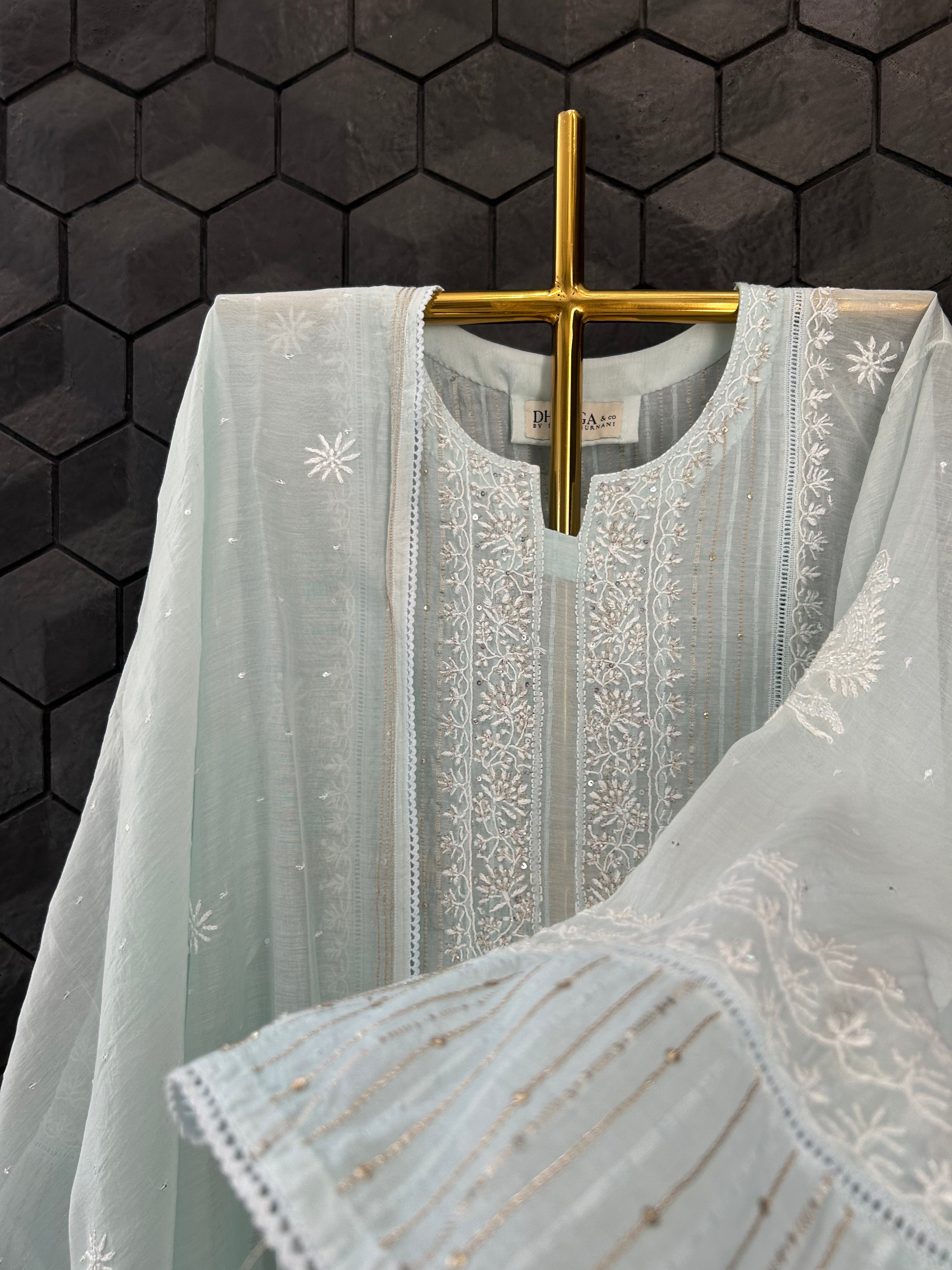 Green Mul Chanderi Chikankari Kurta Set