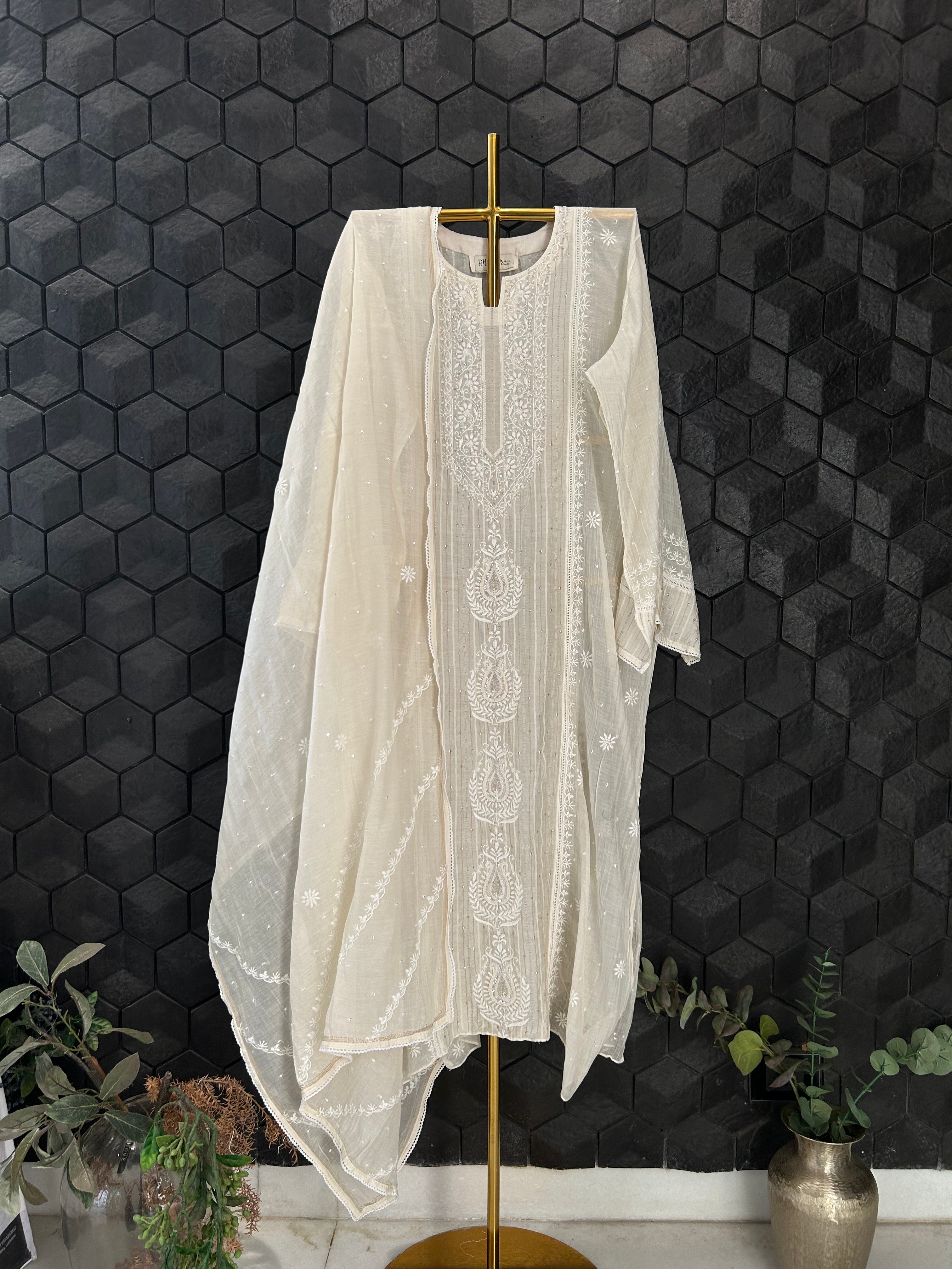 Beige Mul Chanderi Chikankari Kurta Set