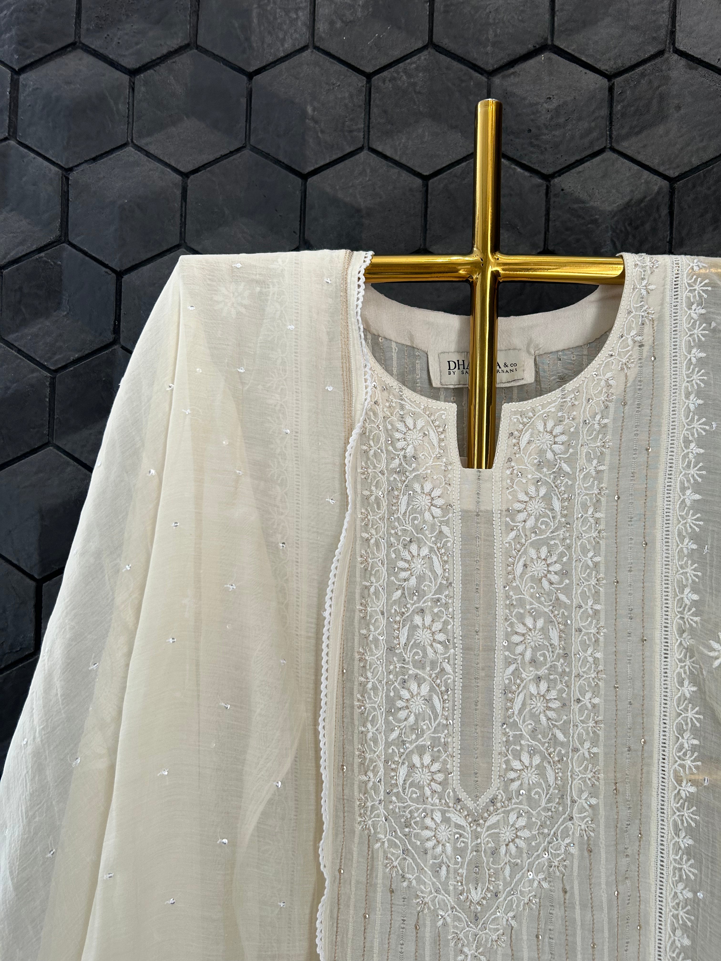 Beige Mul Chanderi Chikankari Kurta Set