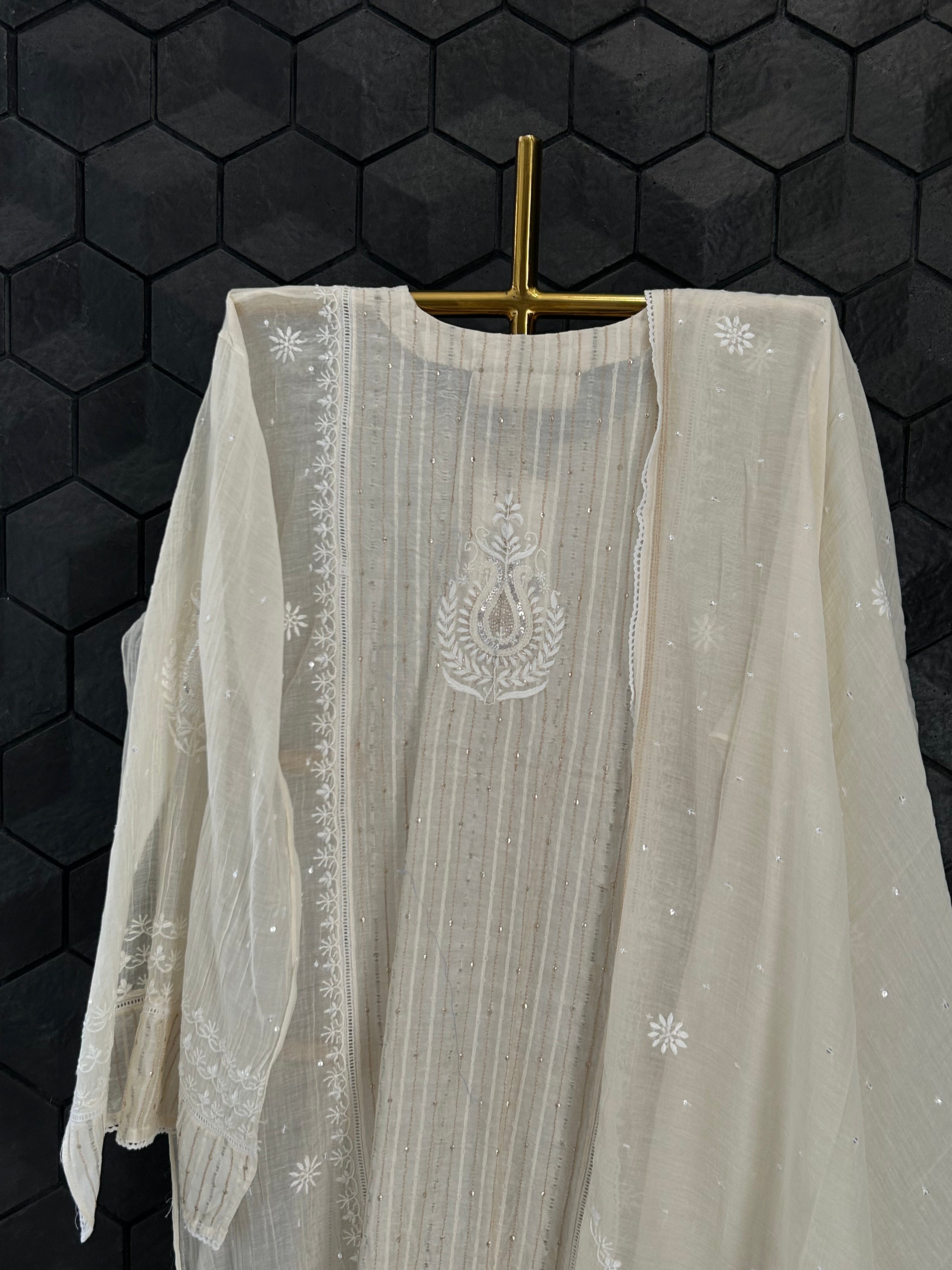 Beige Mul Chanderi Chikankari Kurta Set