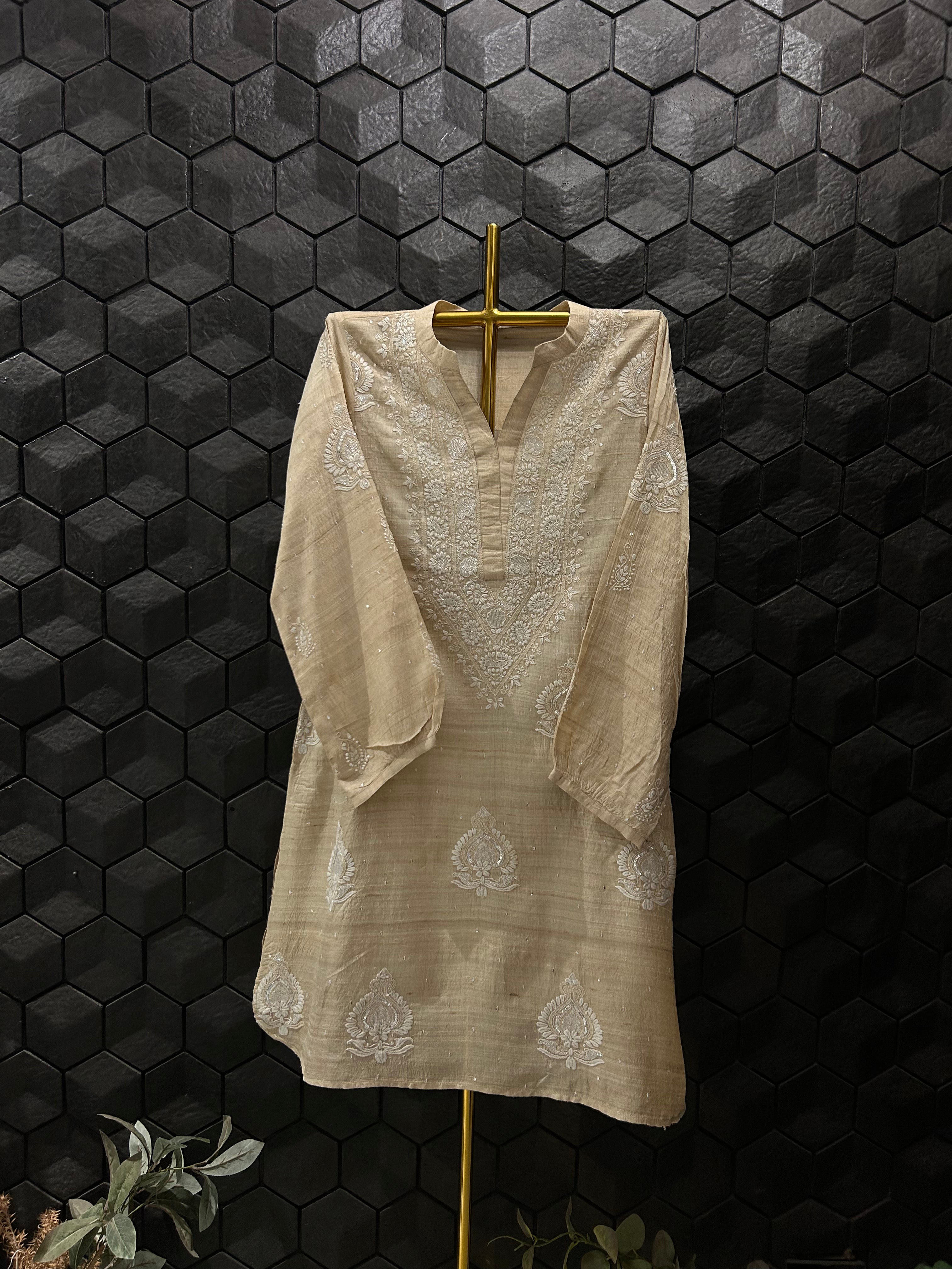 Beige Silk Chikankari Co-ord Set