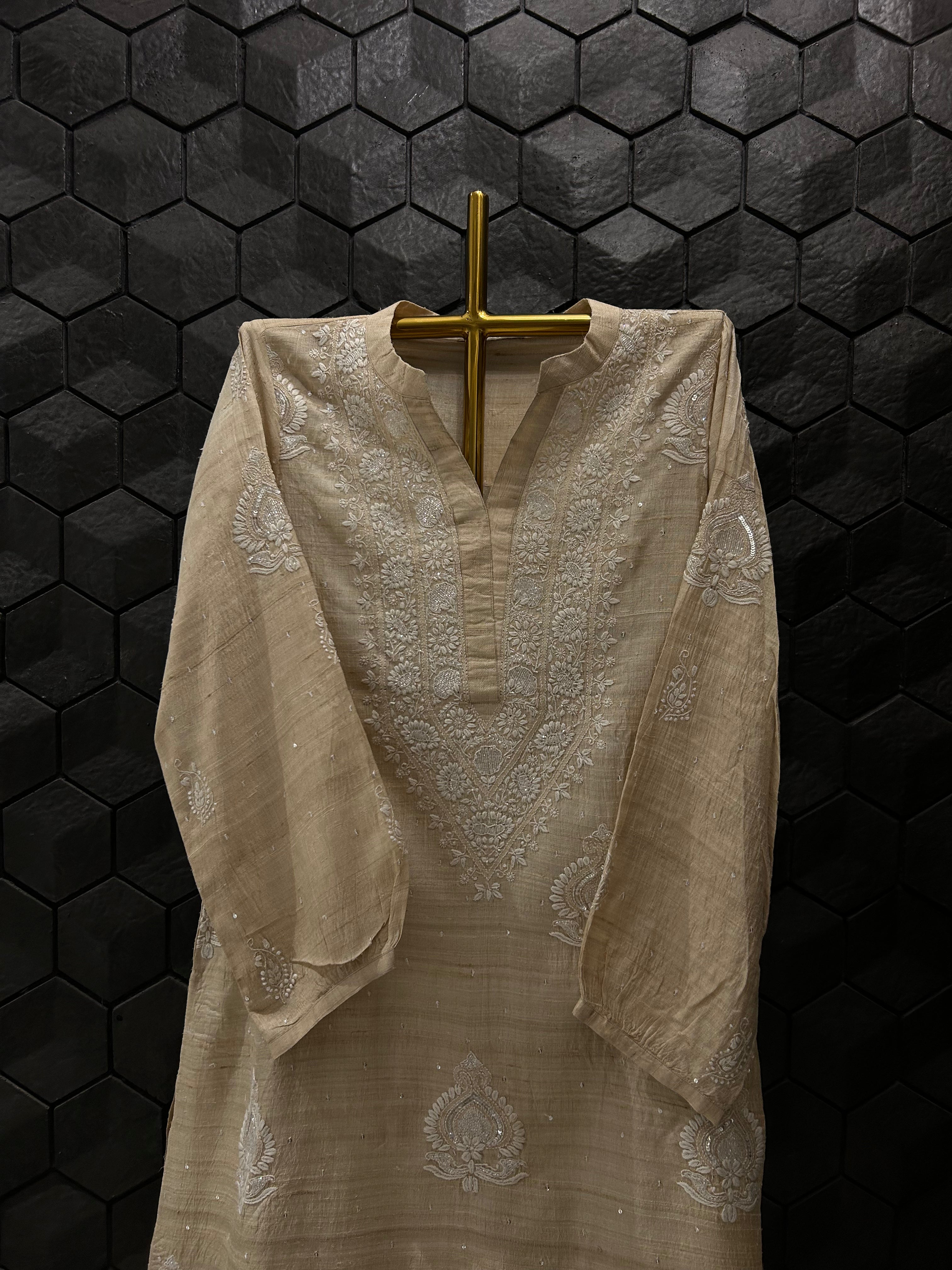 Beige Silk Chikankari Co-ord Set