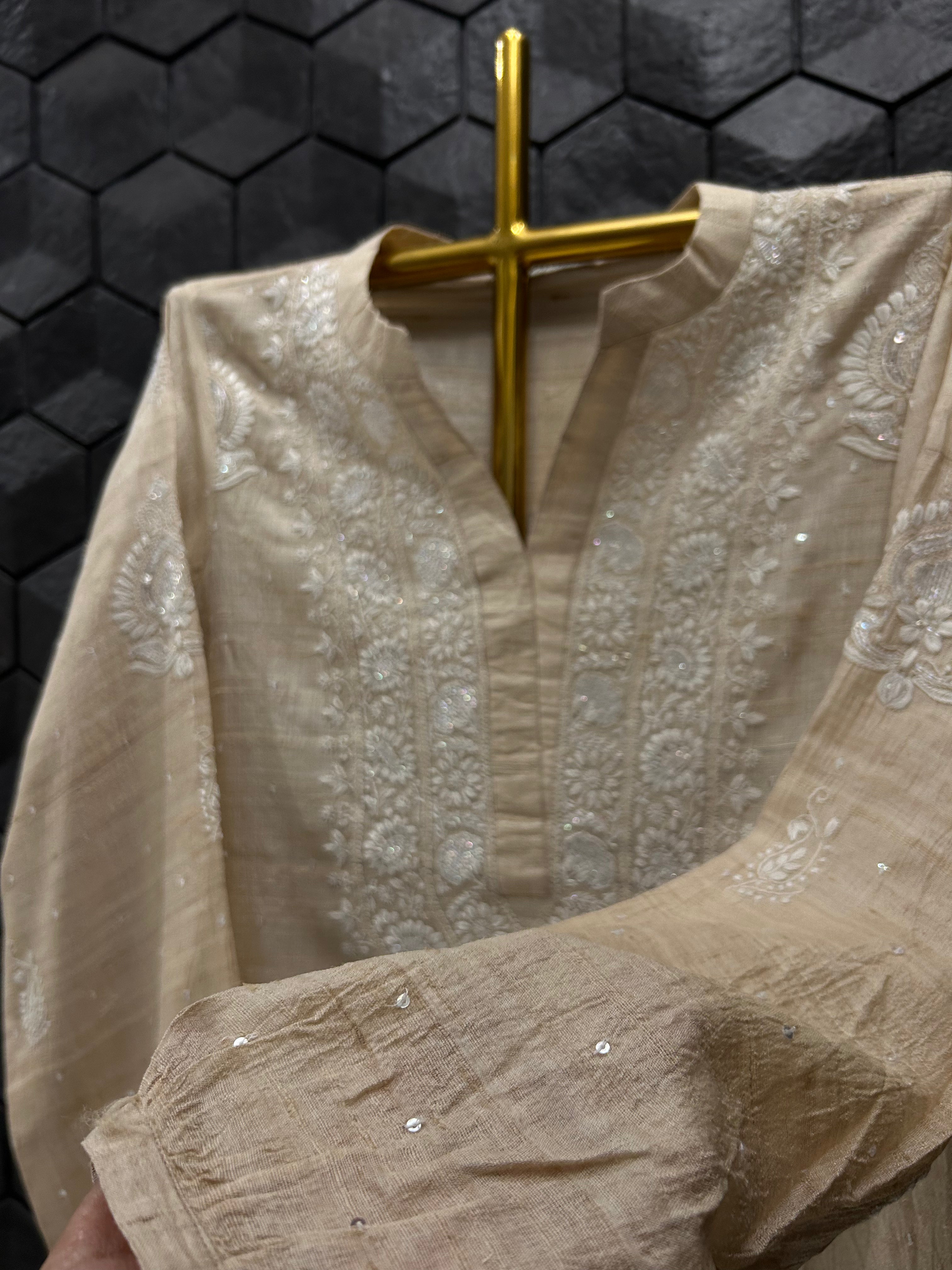 Beige Silk Chikankari Co-ord Set