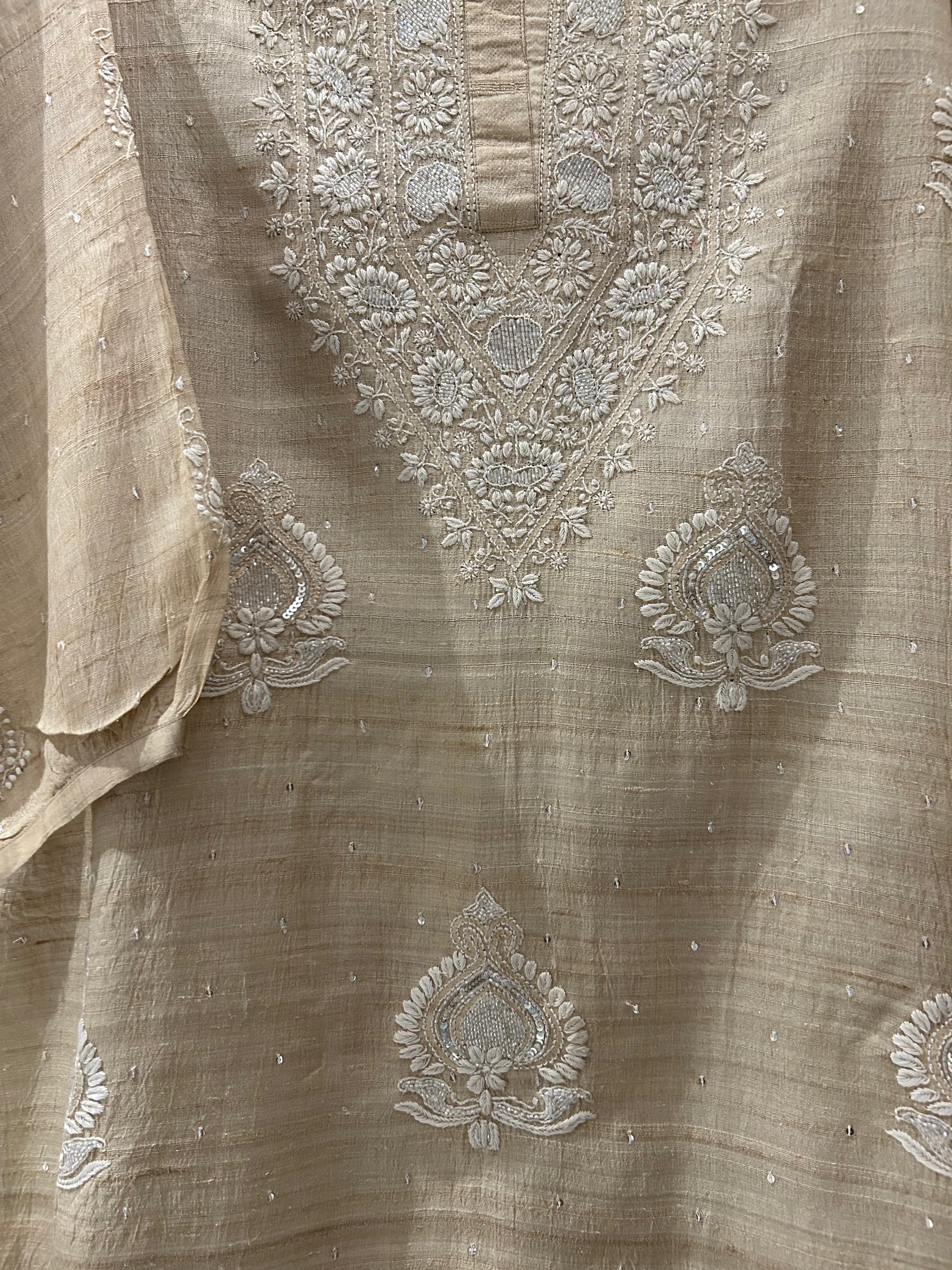 Beige Silk Chikankari Co-ord Set
