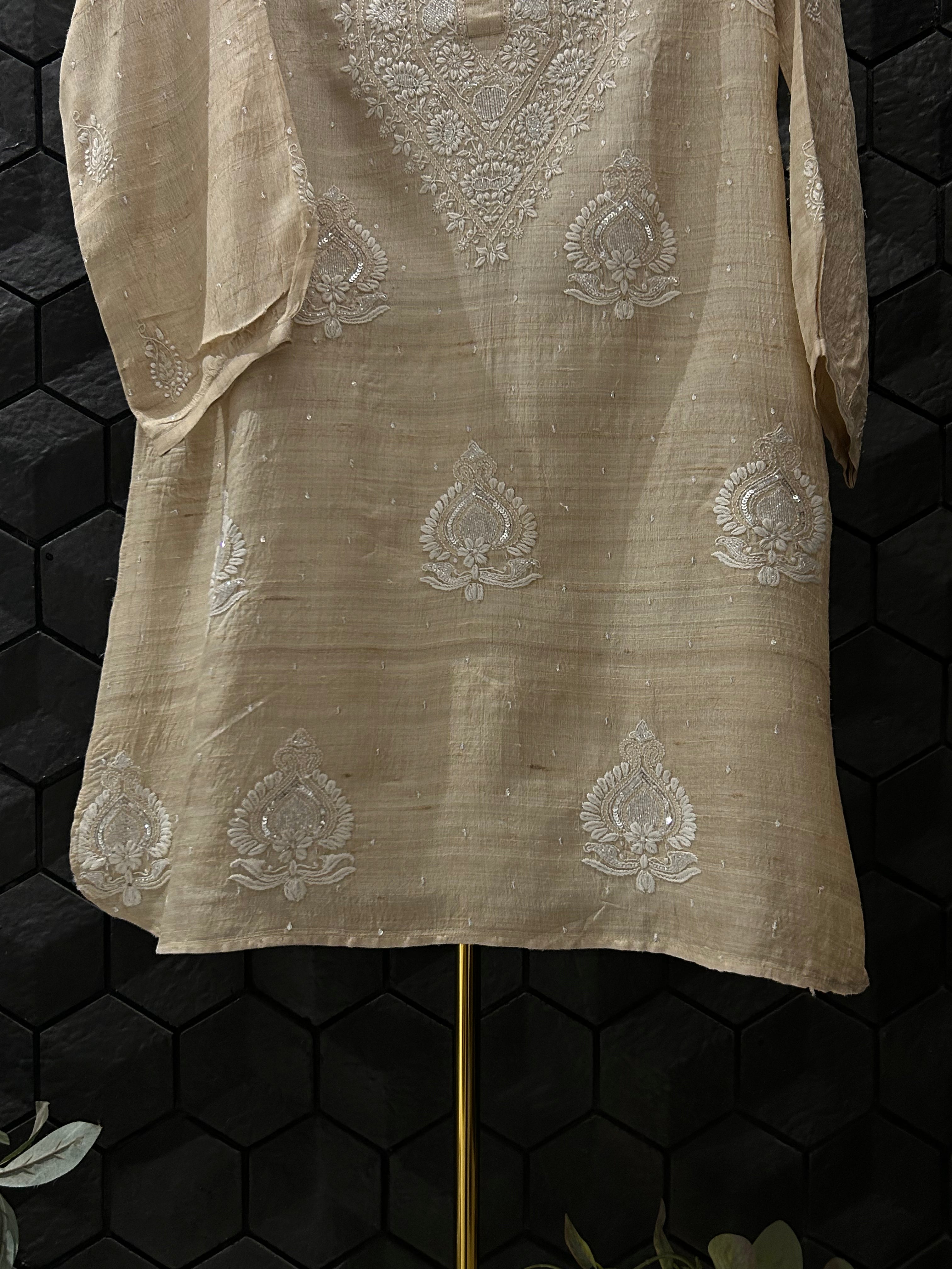 Beige Silk Chikankari Co-ord Set