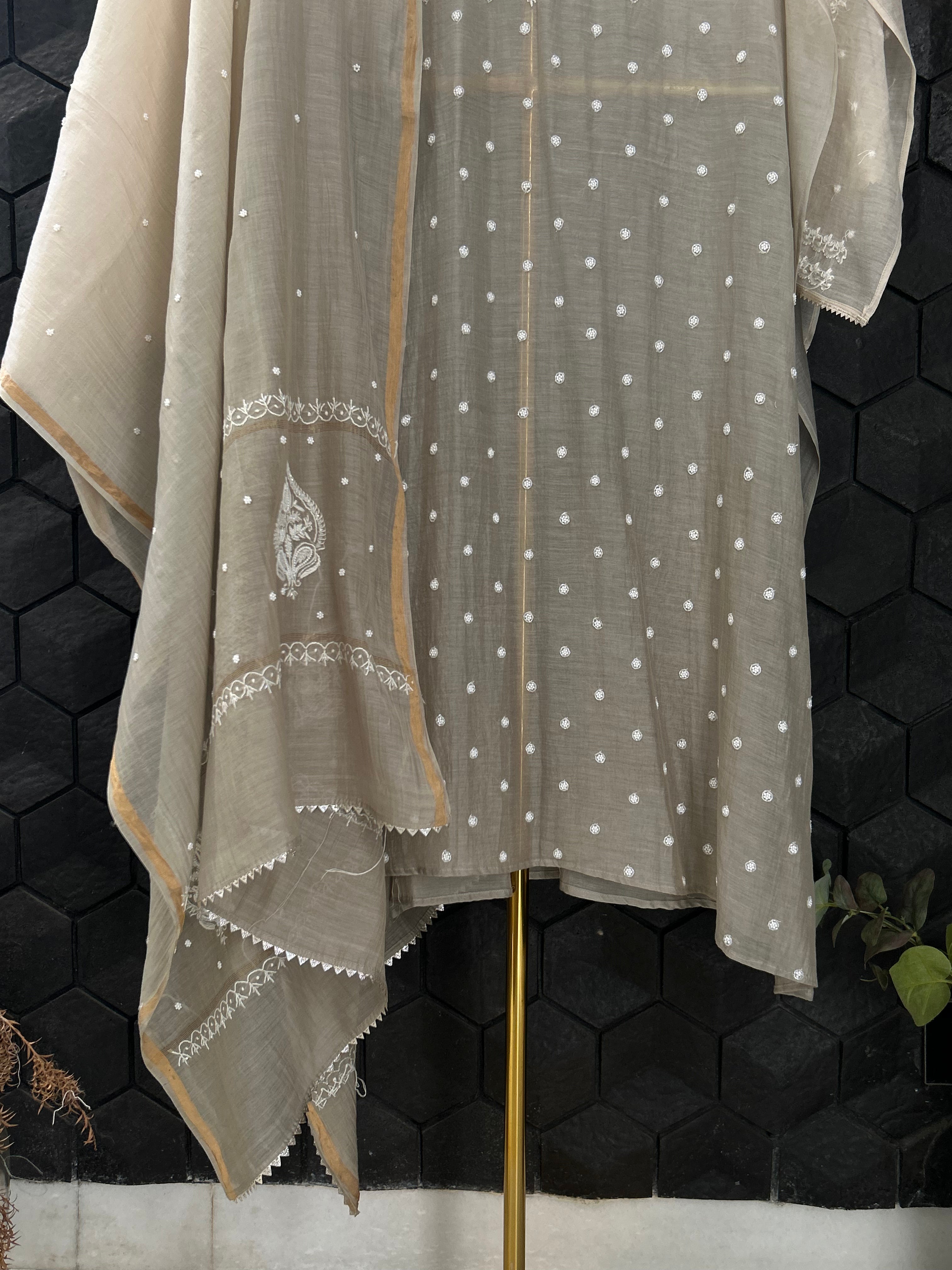Brown Mul Chanderi Chikankari Kurta Set