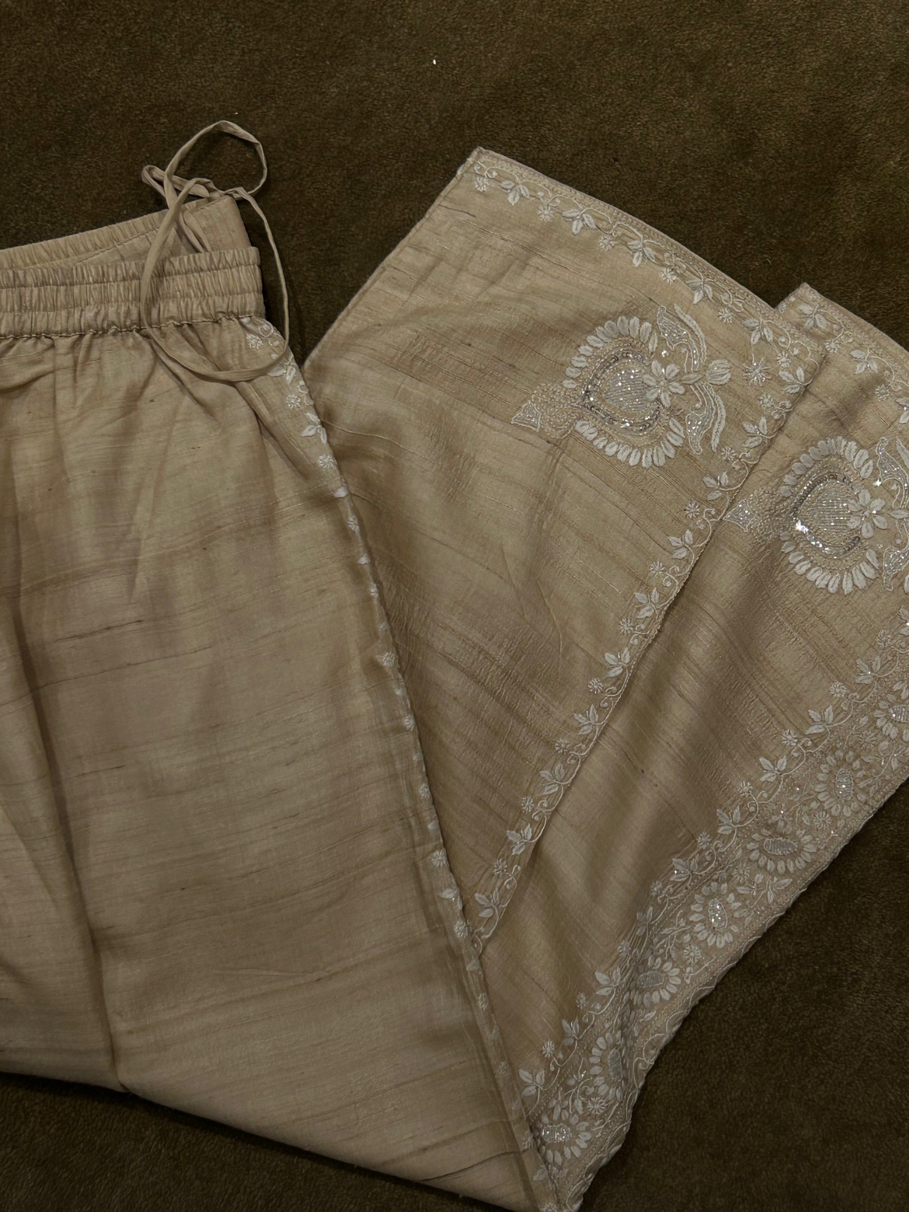 Beige Silk Chikankari Co-ord Set