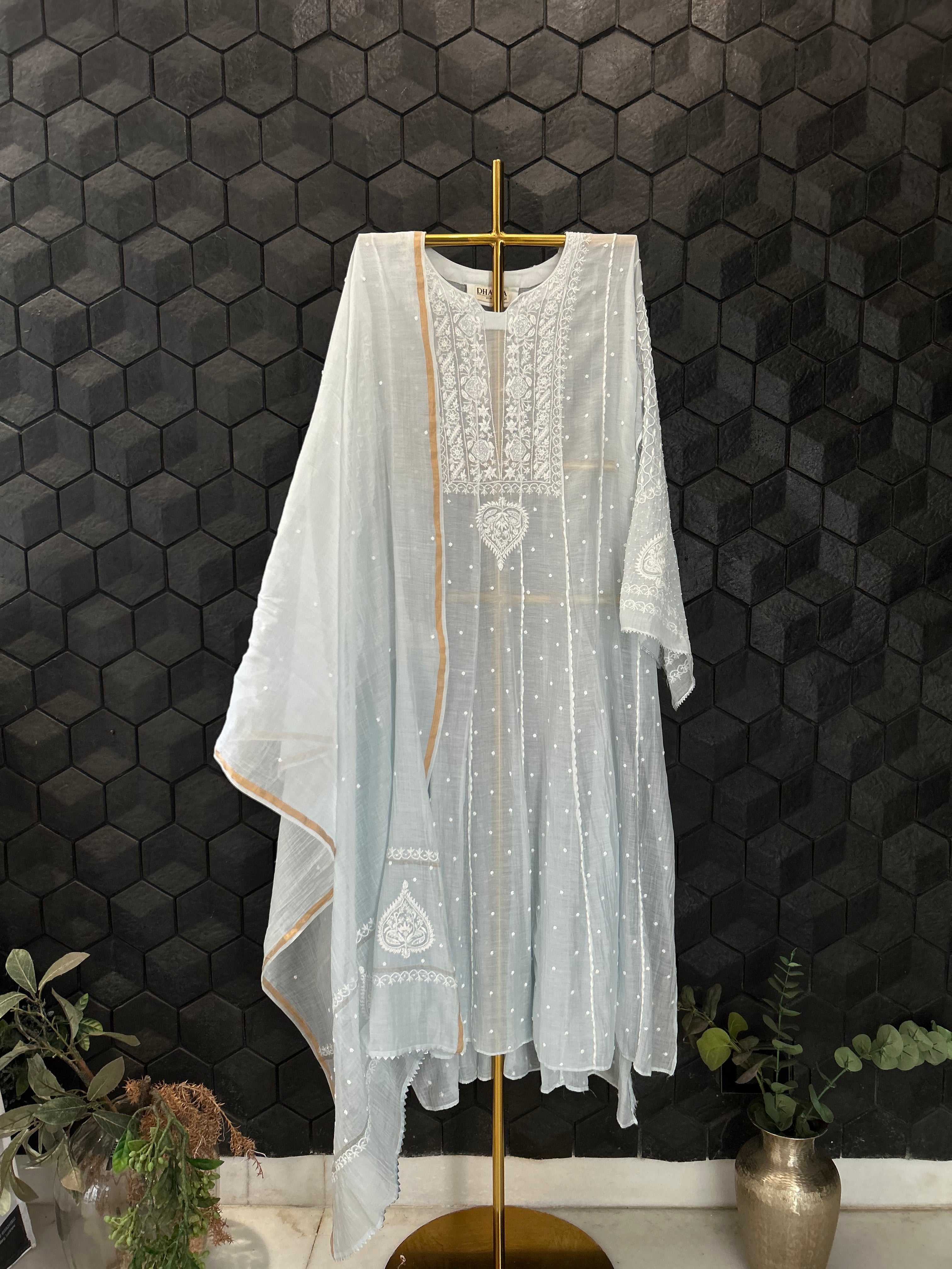 Blue Mul Chanderi Chikankari Anarkali Set