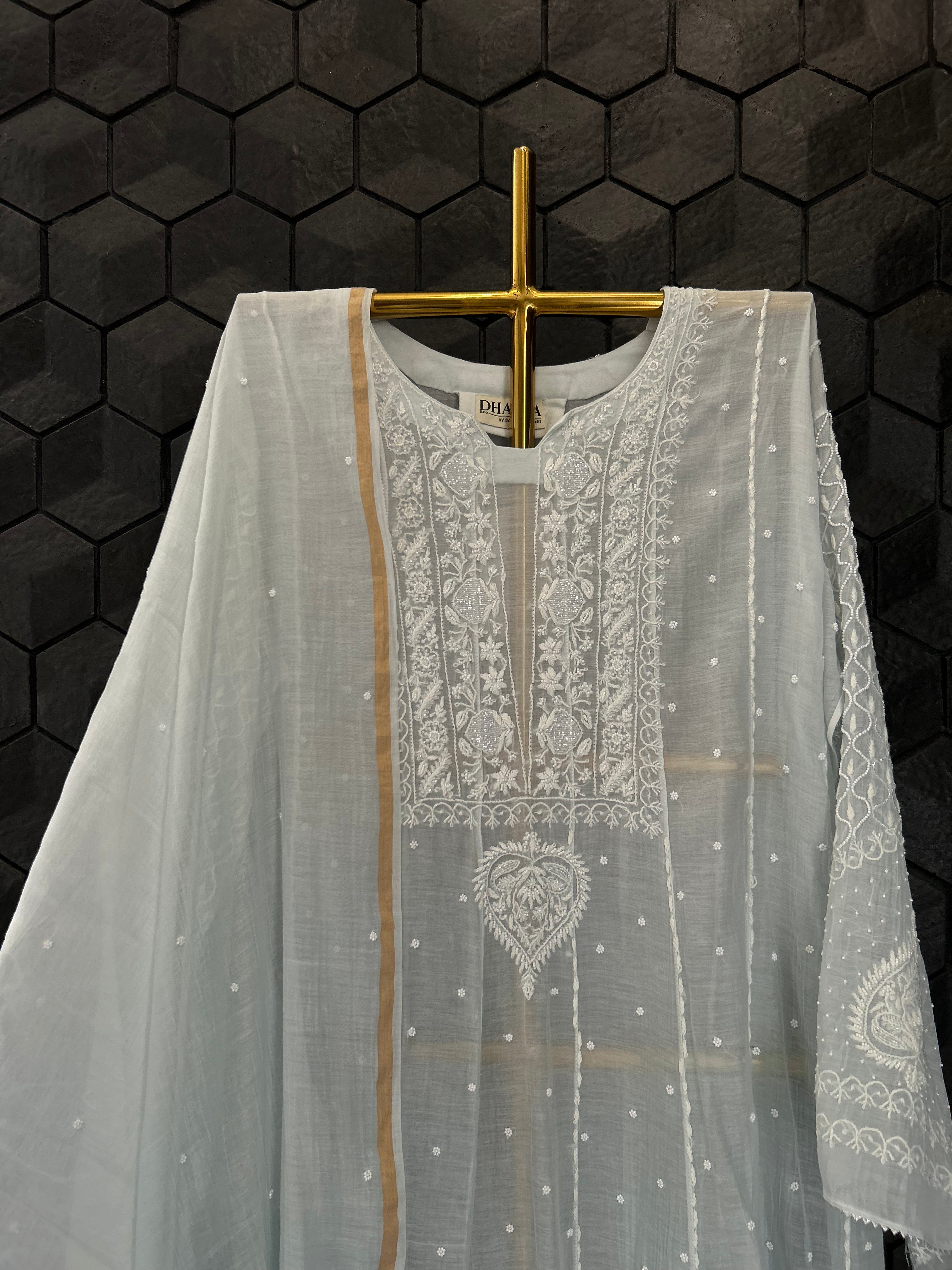 Blue Mul Chanderi Chikankari Anarkali Set