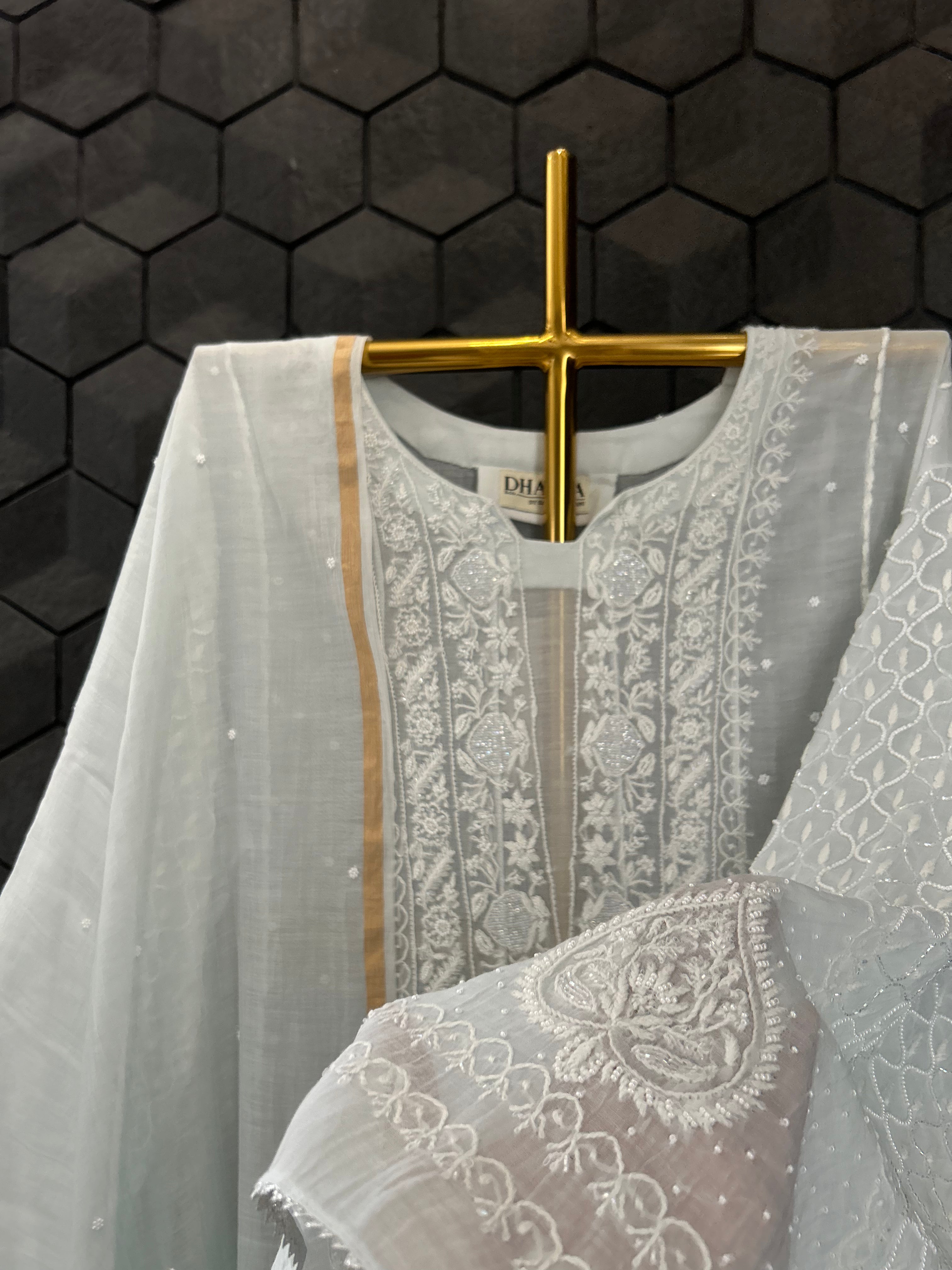 Blue Mul Chanderi Chikankari Anarkali Set