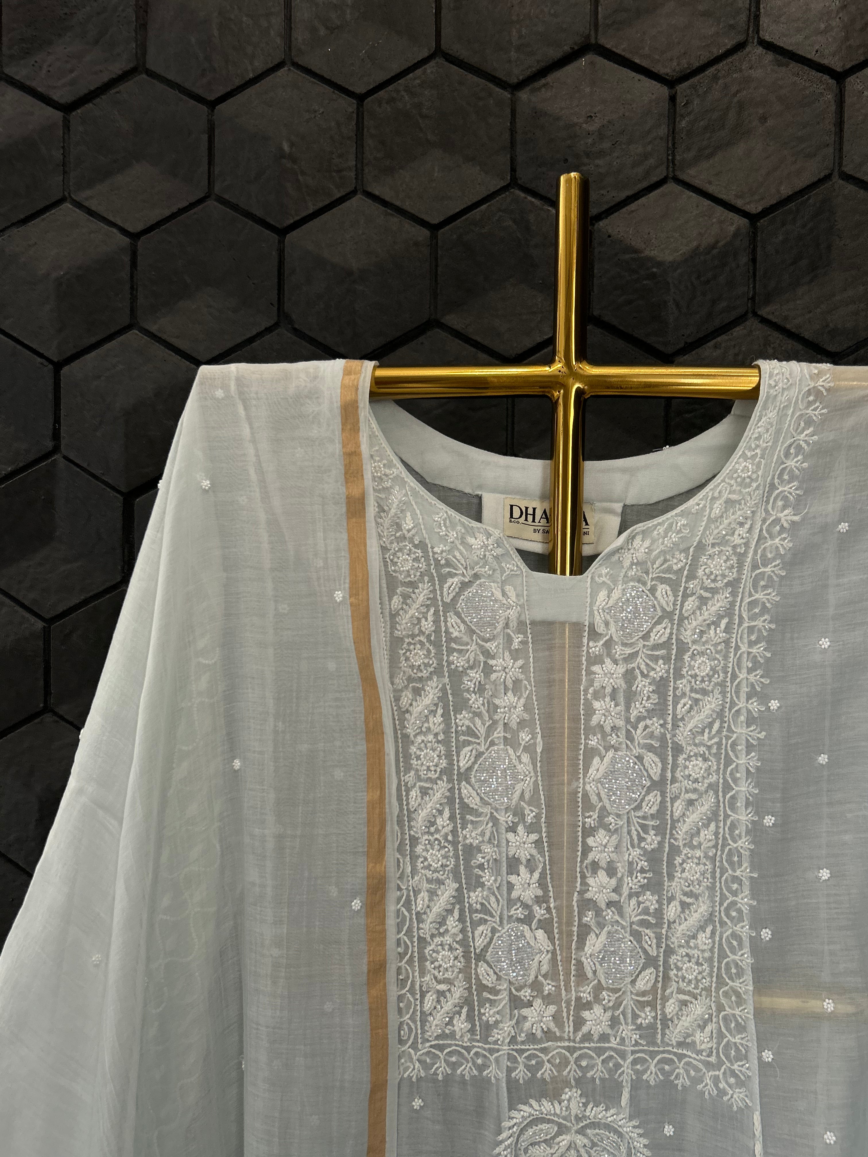 Blue Mul Chanderi Chikankari Anarkali Set