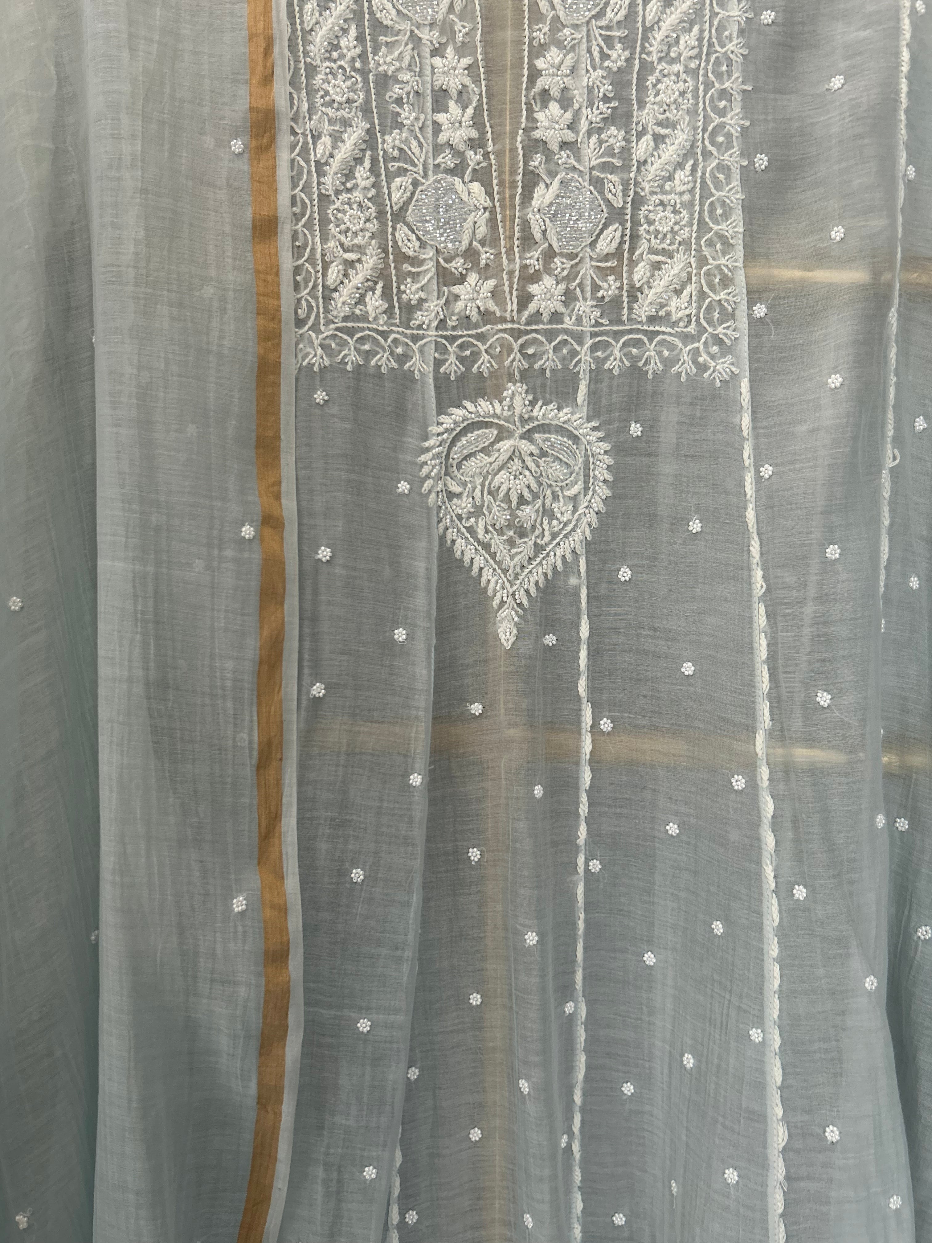 Blue Mul Chanderi Chikankari Anarkali Set