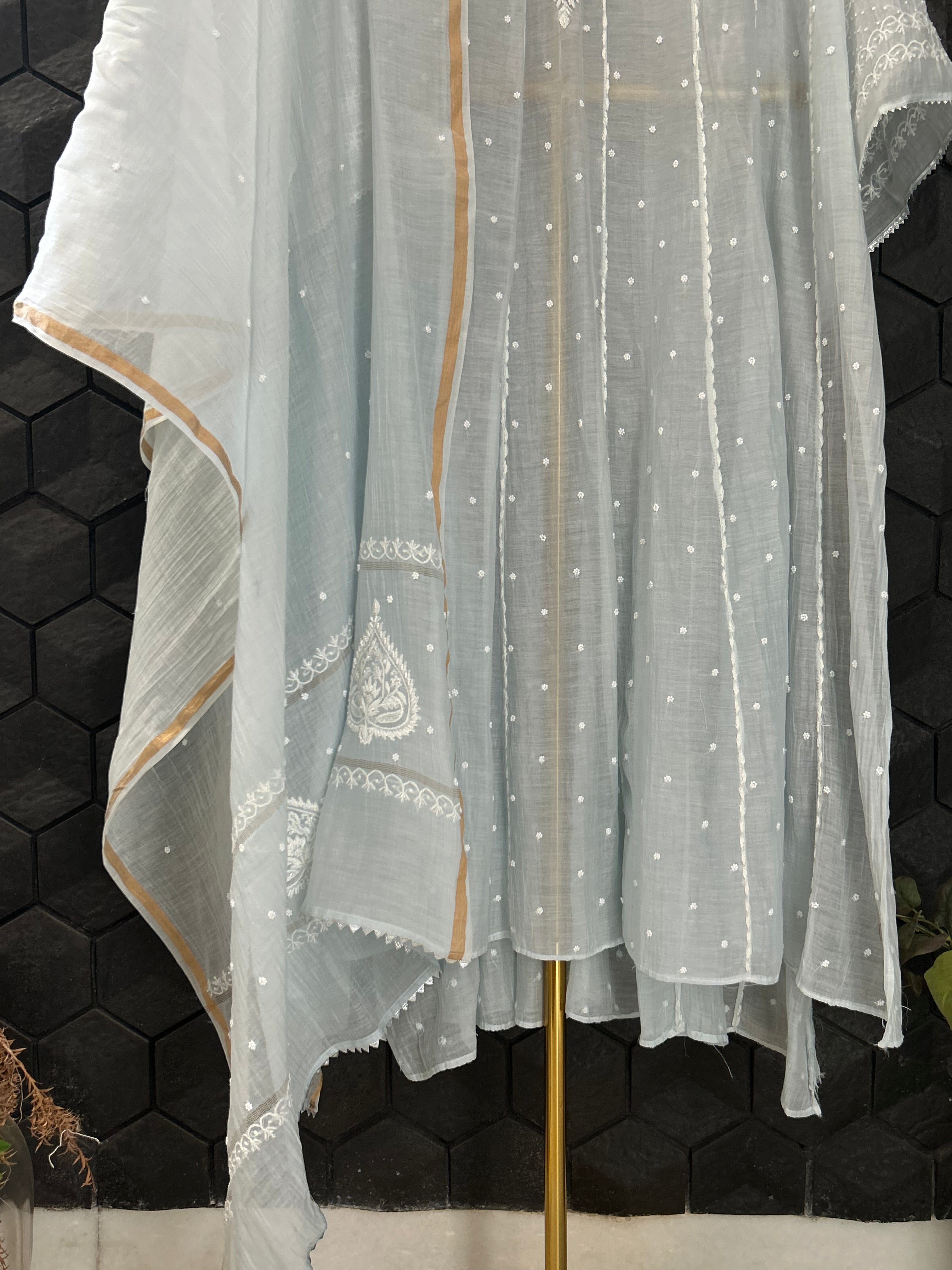 Blue Mul Chanderi Chikankari Anarkali Set