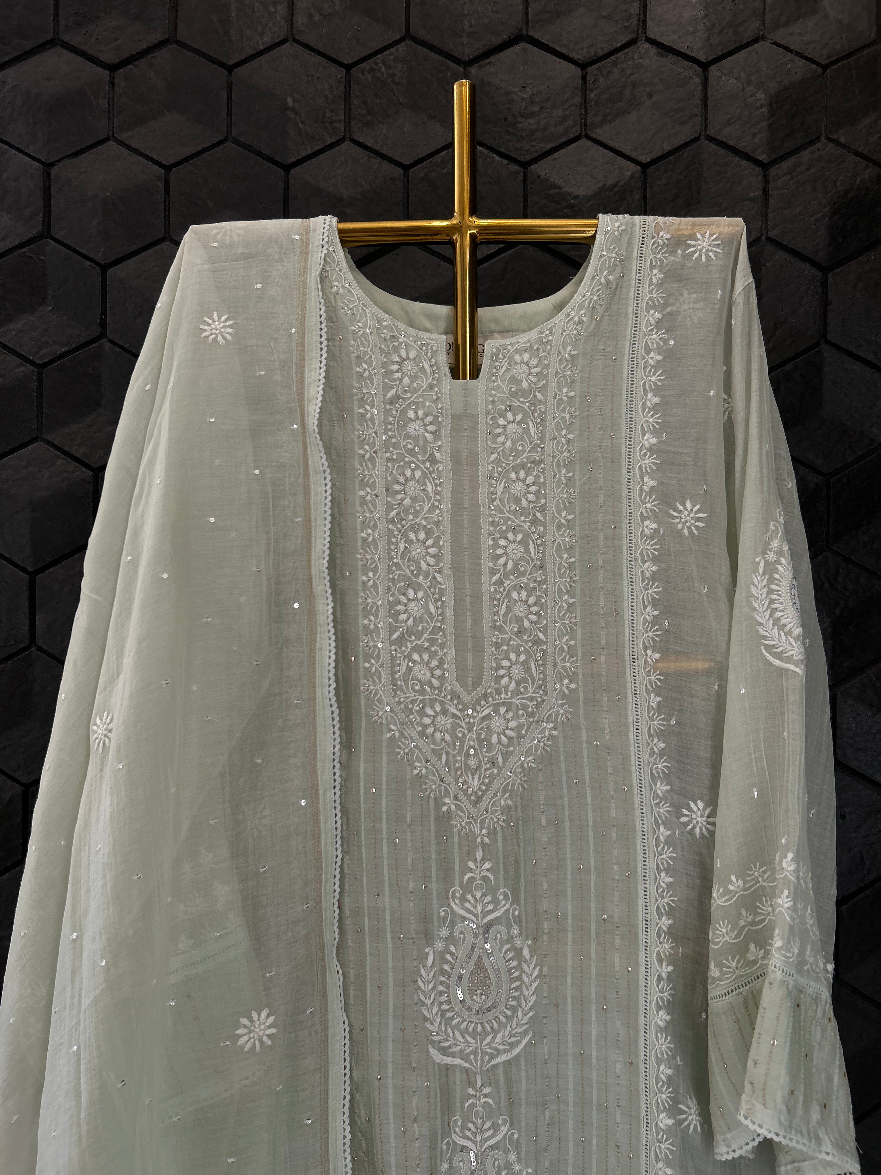 Green Mul Chanderi Chikankari Kurta Set
