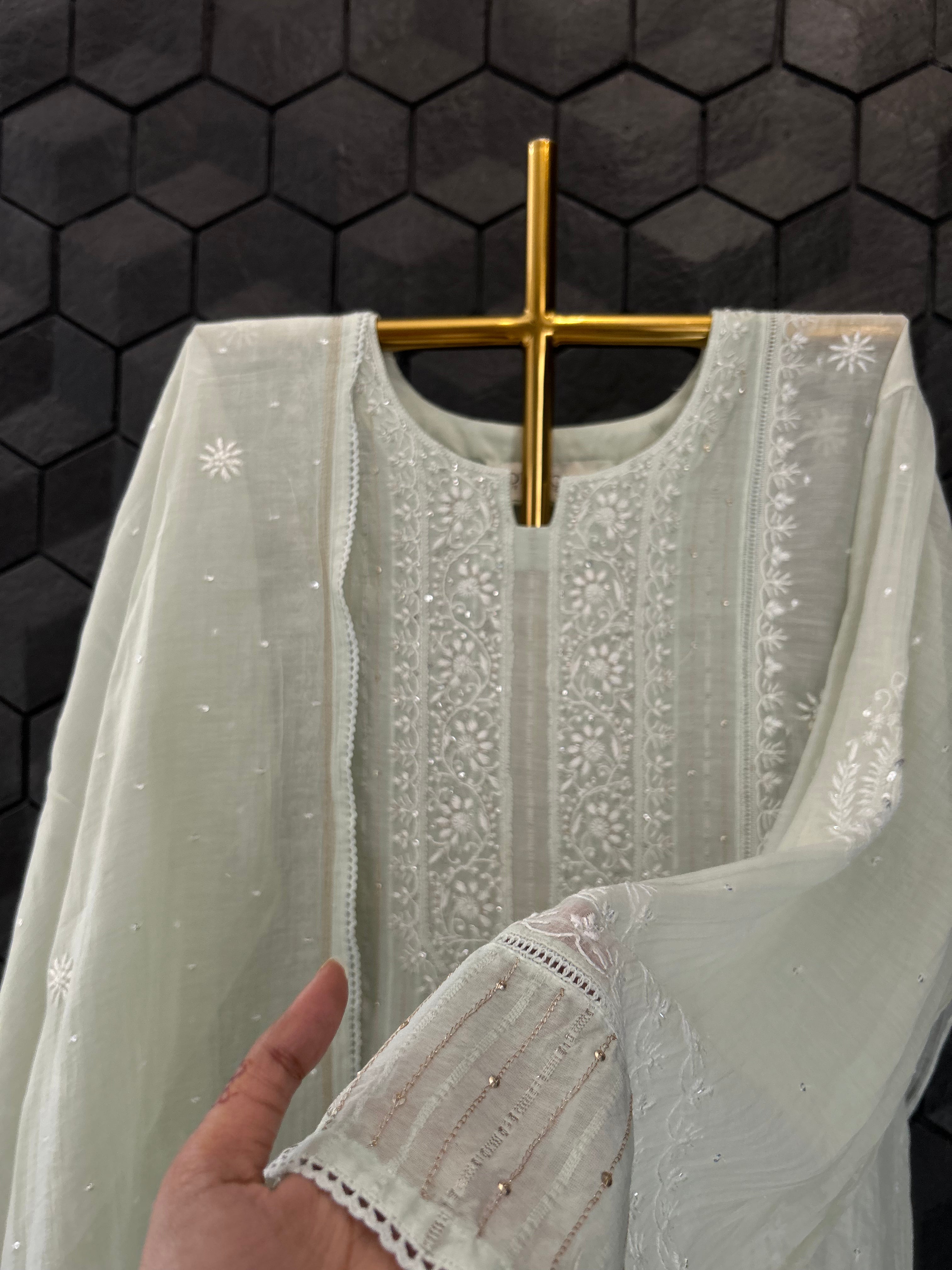 Green Mul Chanderi Chikankari Kurta Set