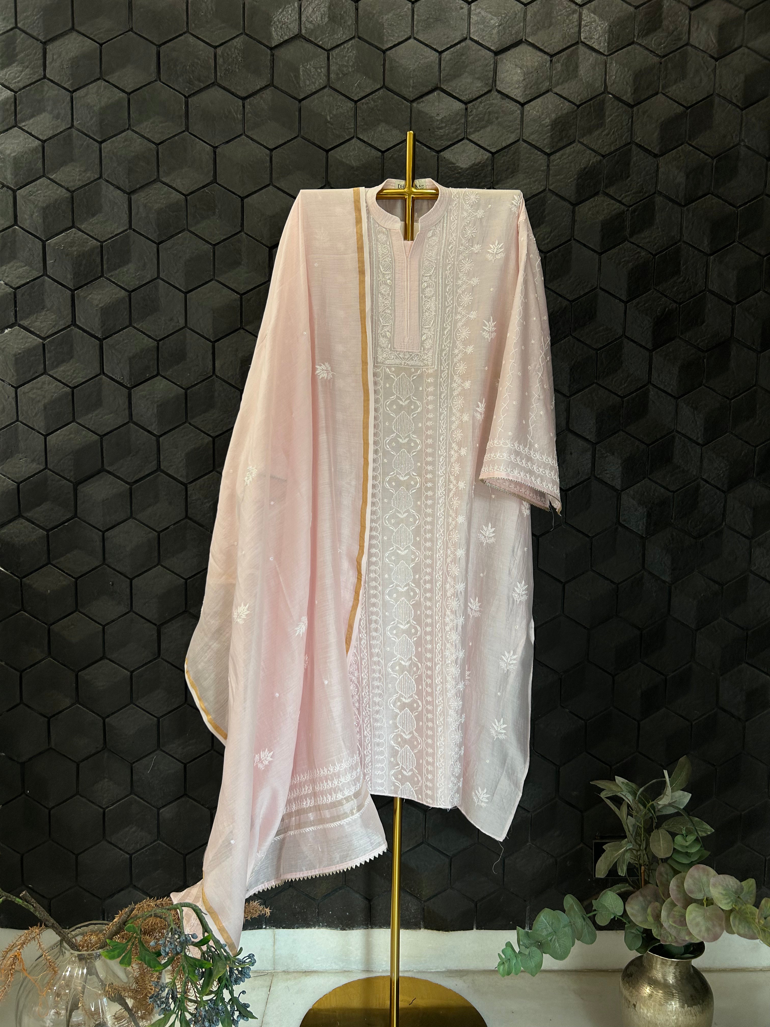 Pink Chanderi Silk Chikankari  kurta Set