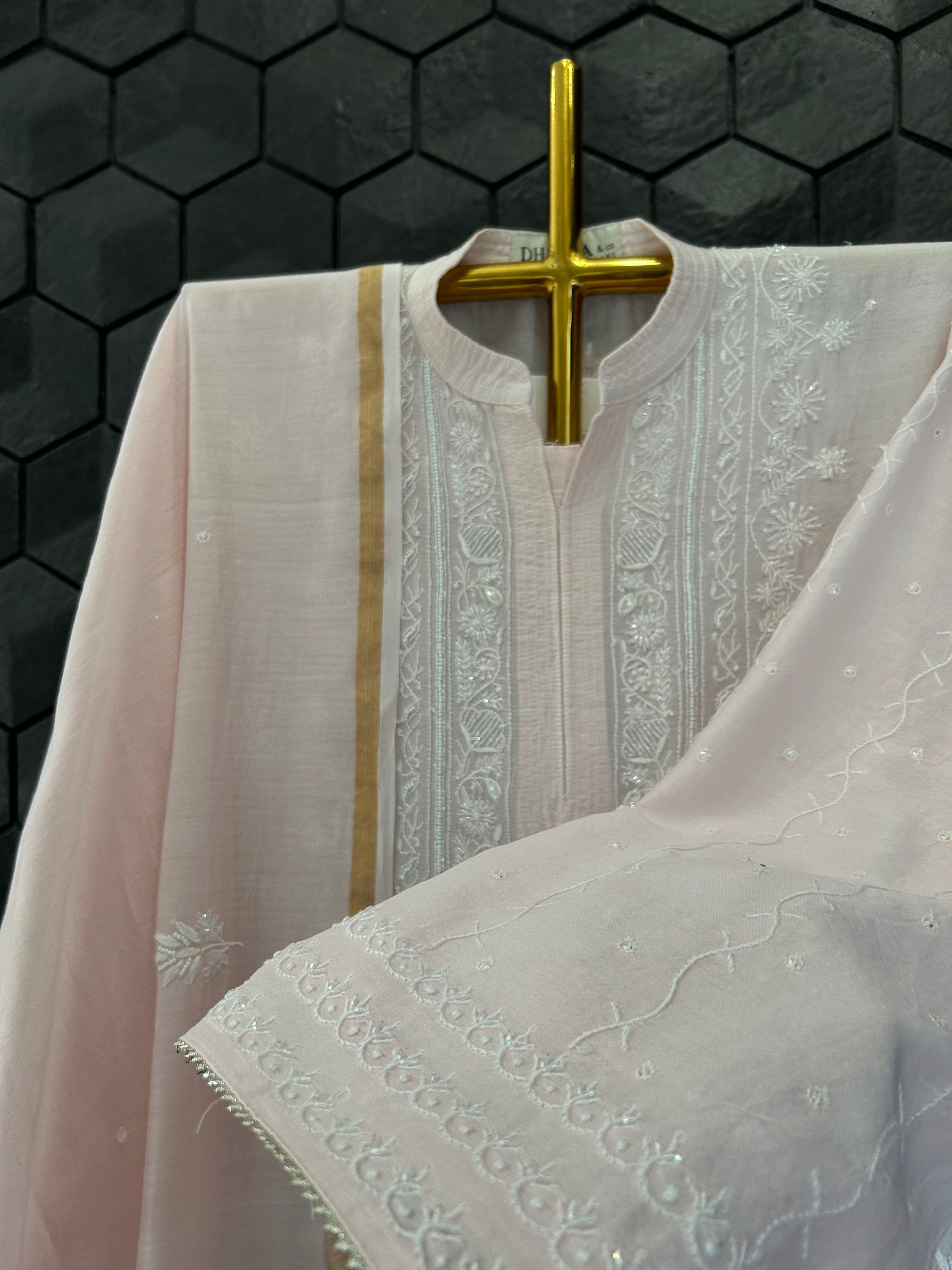 Pink Chanderi Silk Chikankari  kurta Set