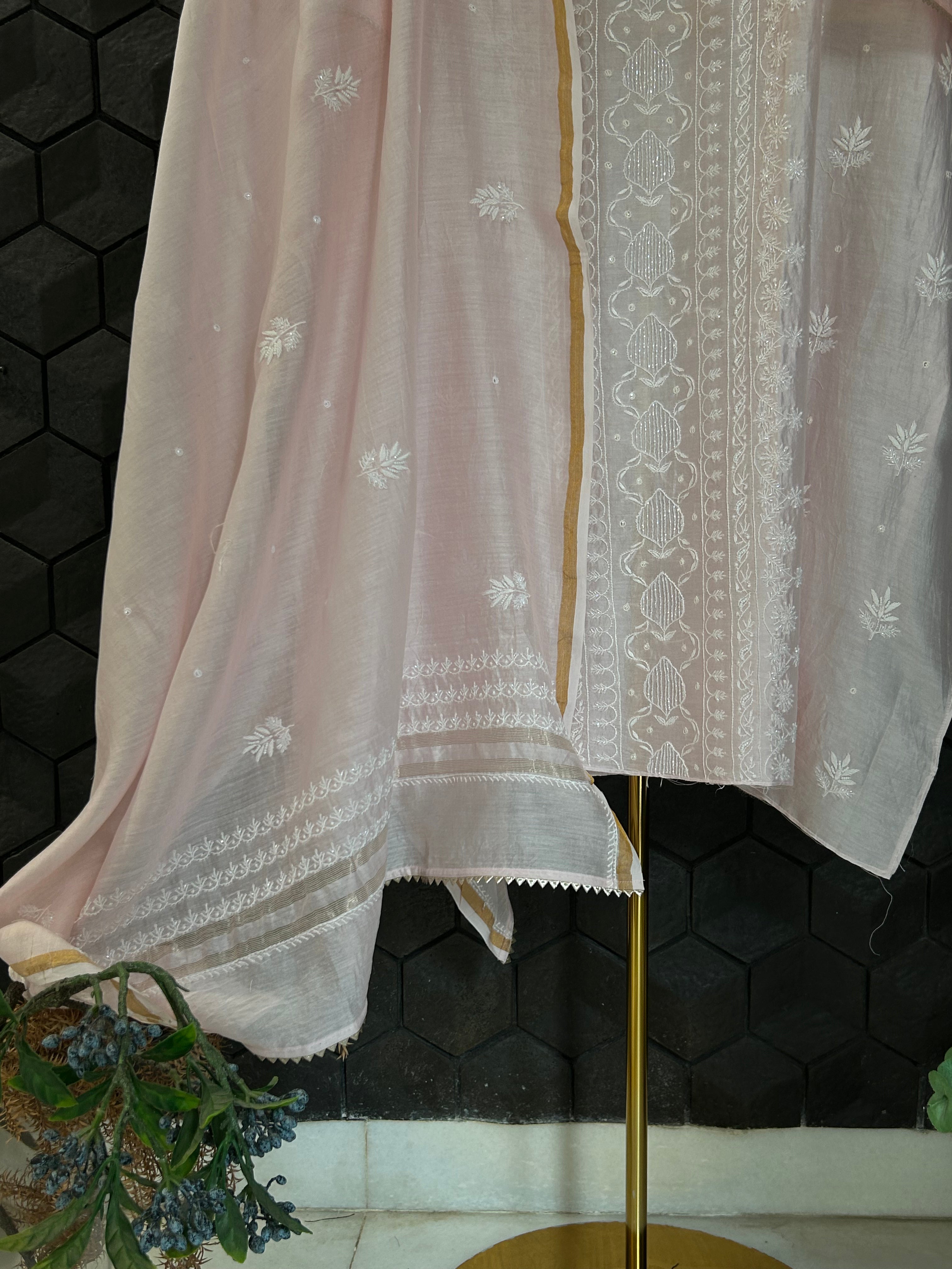 Pink Chanderi Silk Chikankari  kurta Set