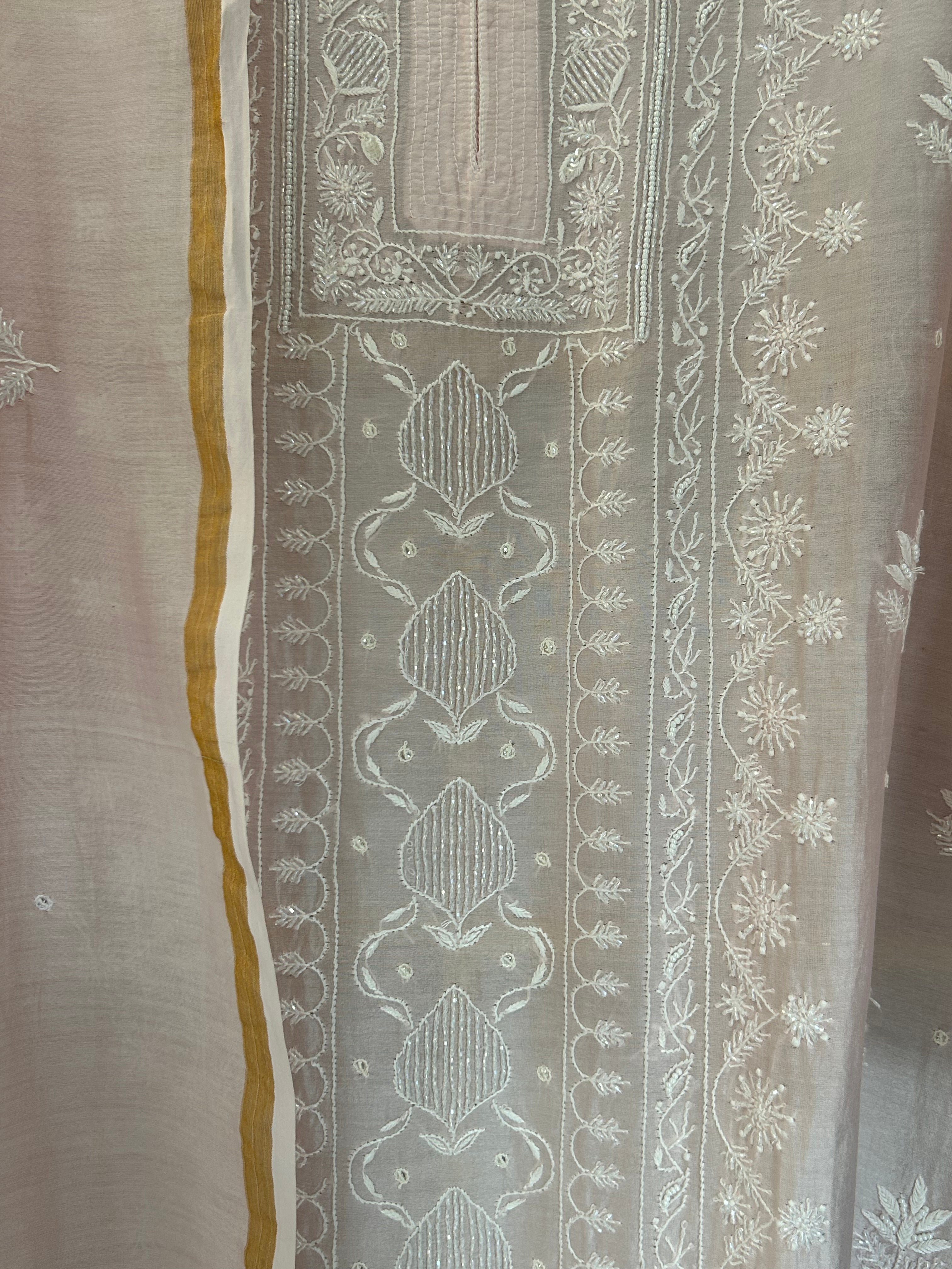 Pink Chanderi Silk Chikankari  kurta Set