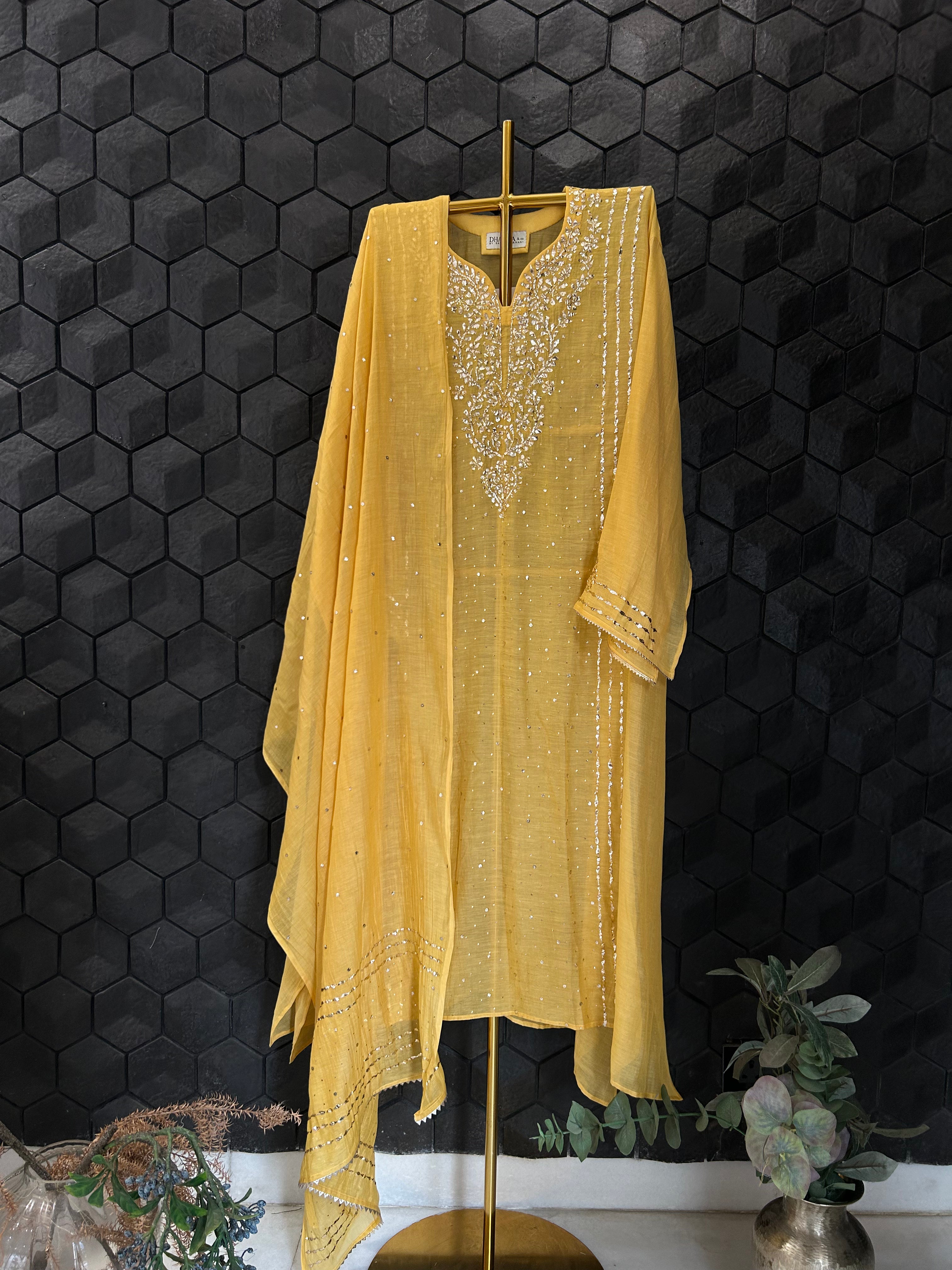 Mustard Mul Chanderi Chikankari Mukaish Kurta Set