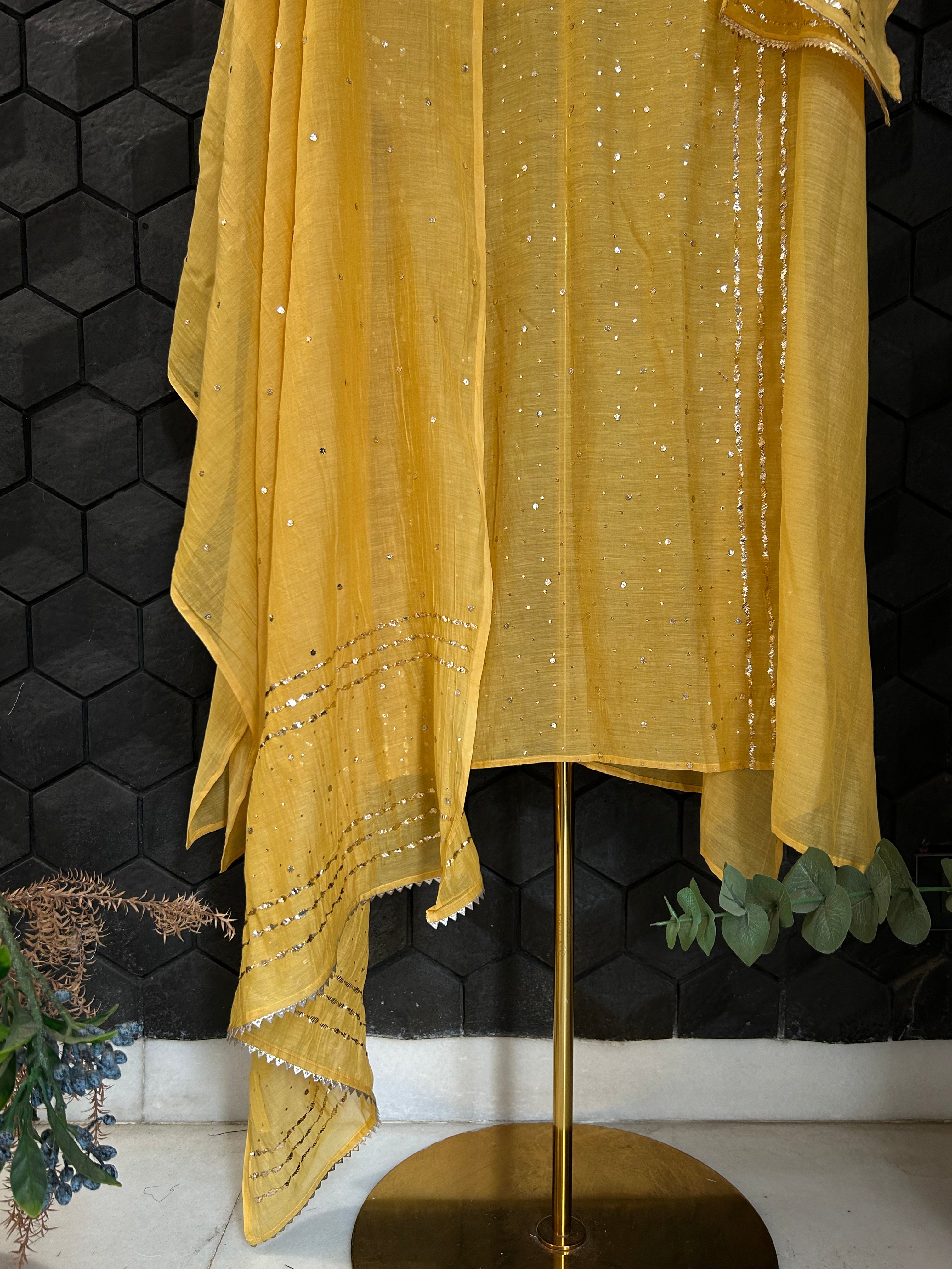 Mustard Mul Chanderi Chikankari Mukaish Kurta Set