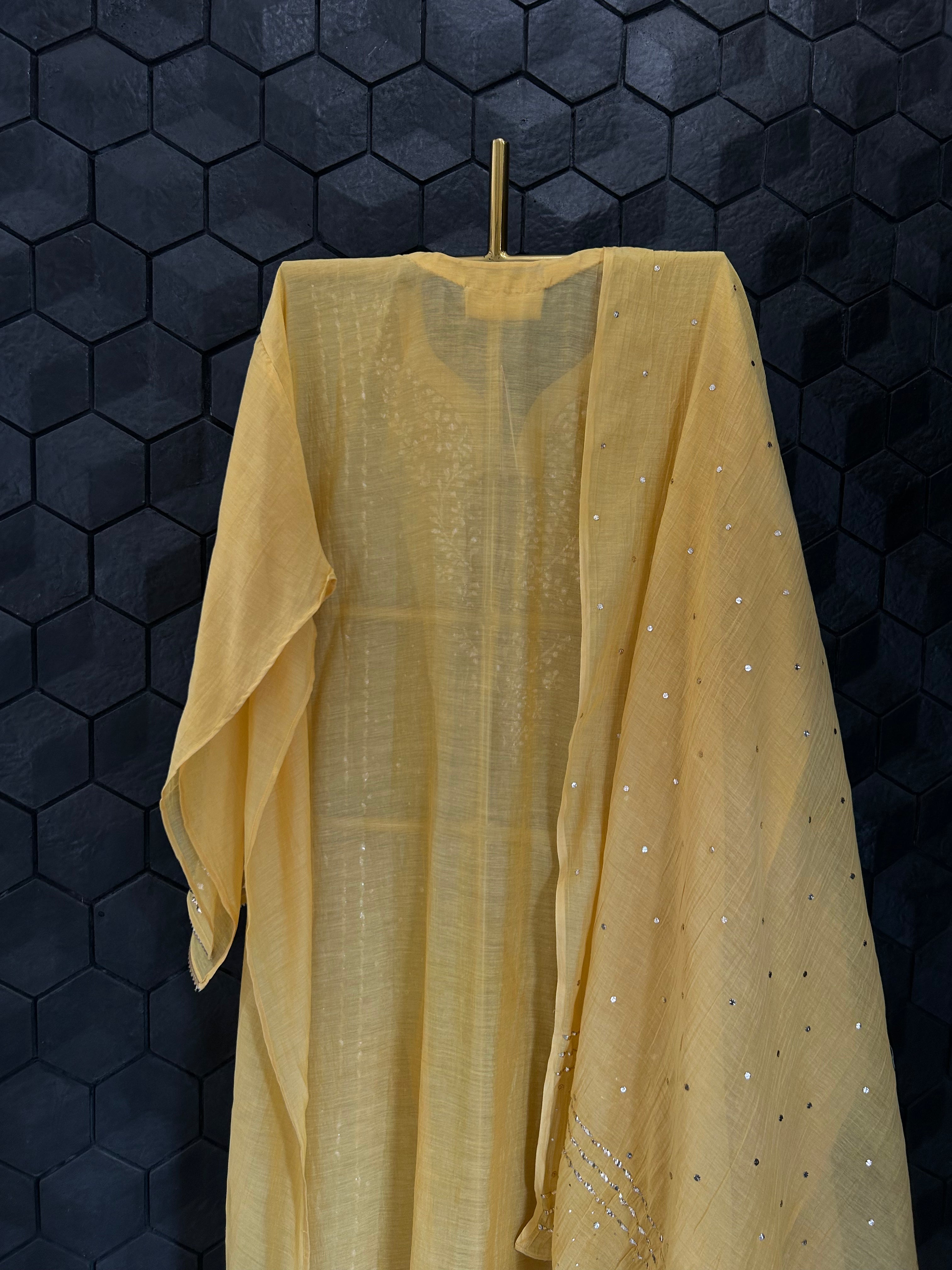 Mustard Mul Chanderi Chikankari Mukaish Kurta Set