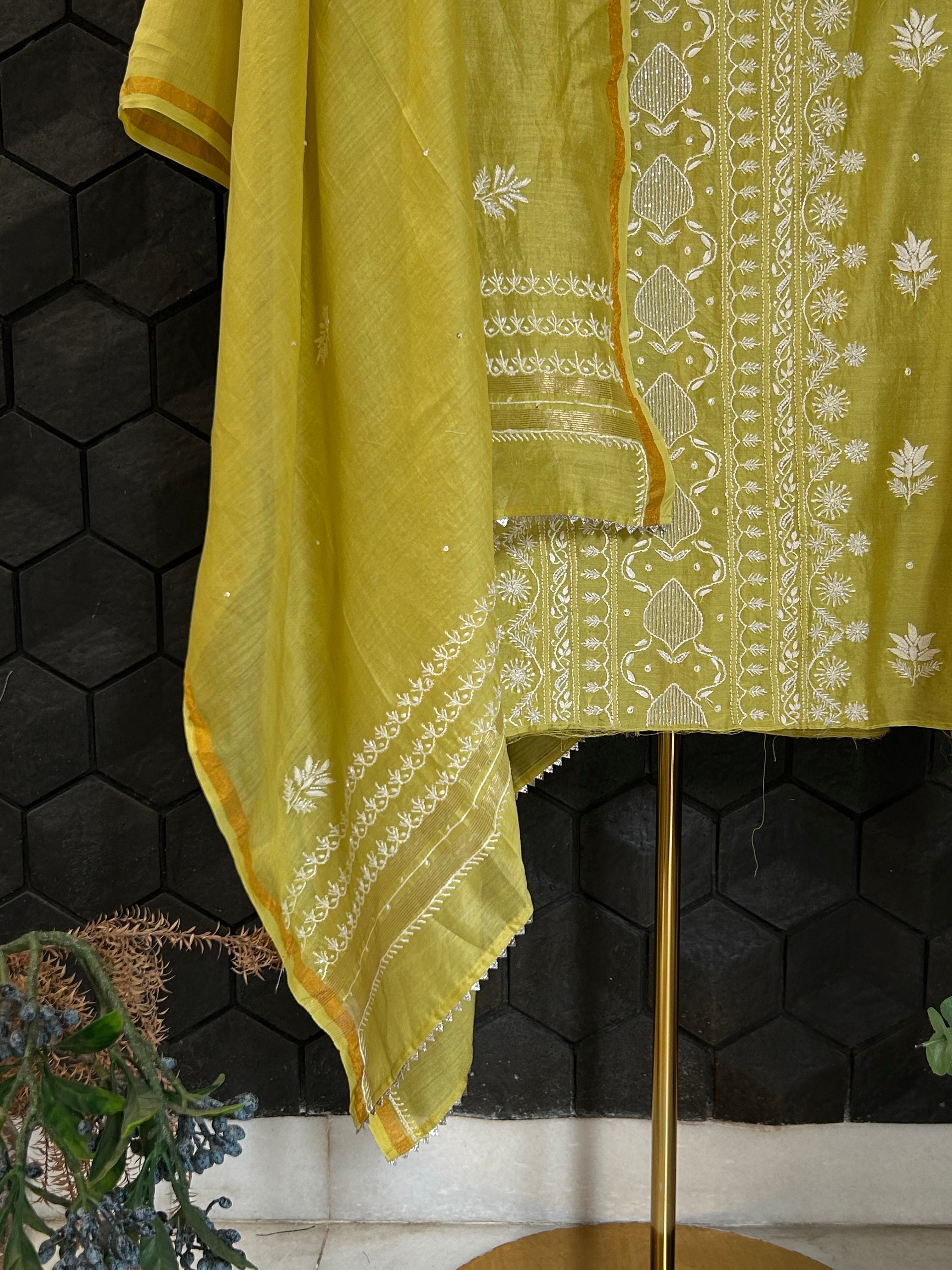 Lime Green Chanderi Silk Chikankari Kurta Set