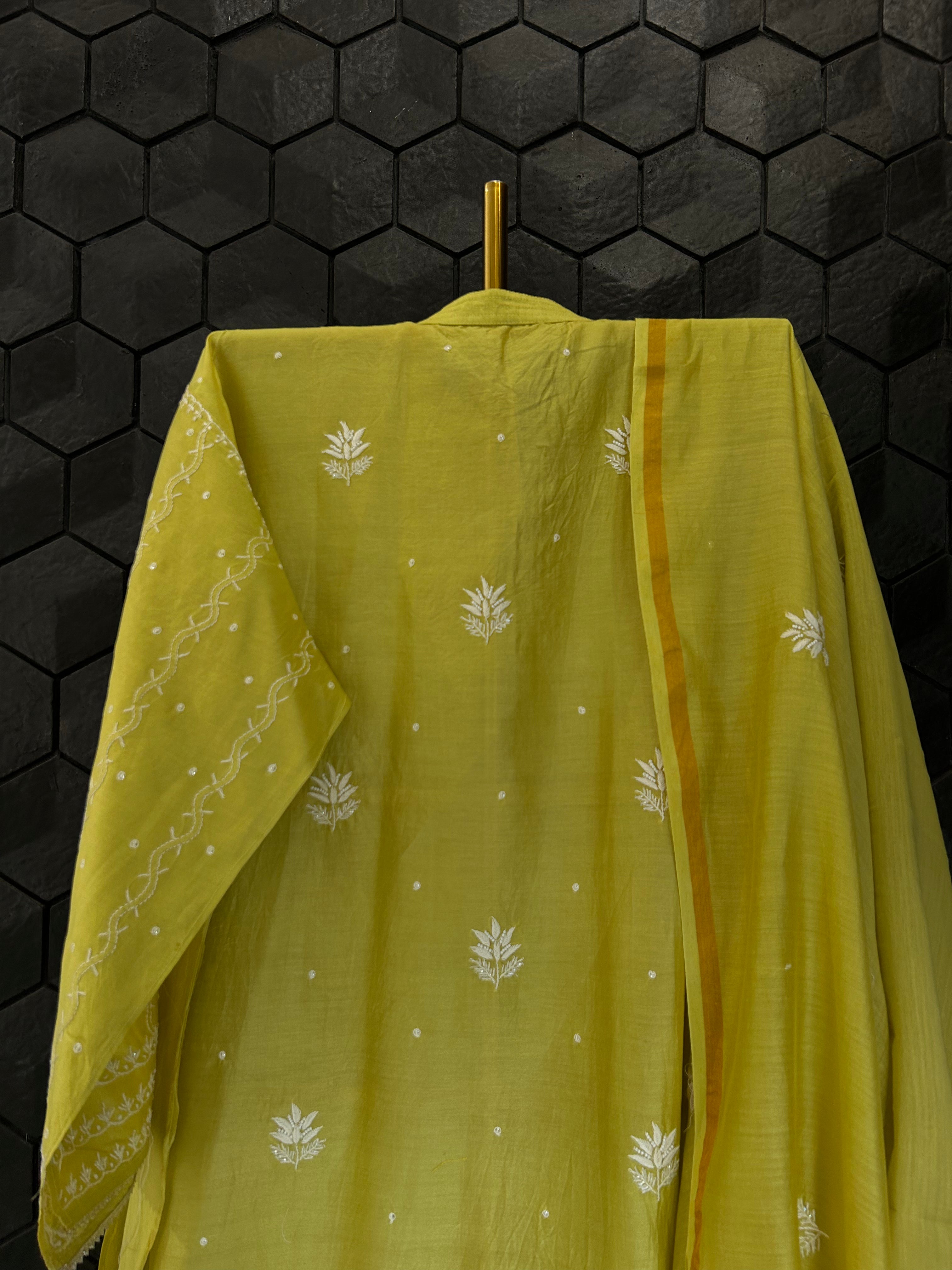 Lime Green Chanderi Silk Chikankari Kurta Set