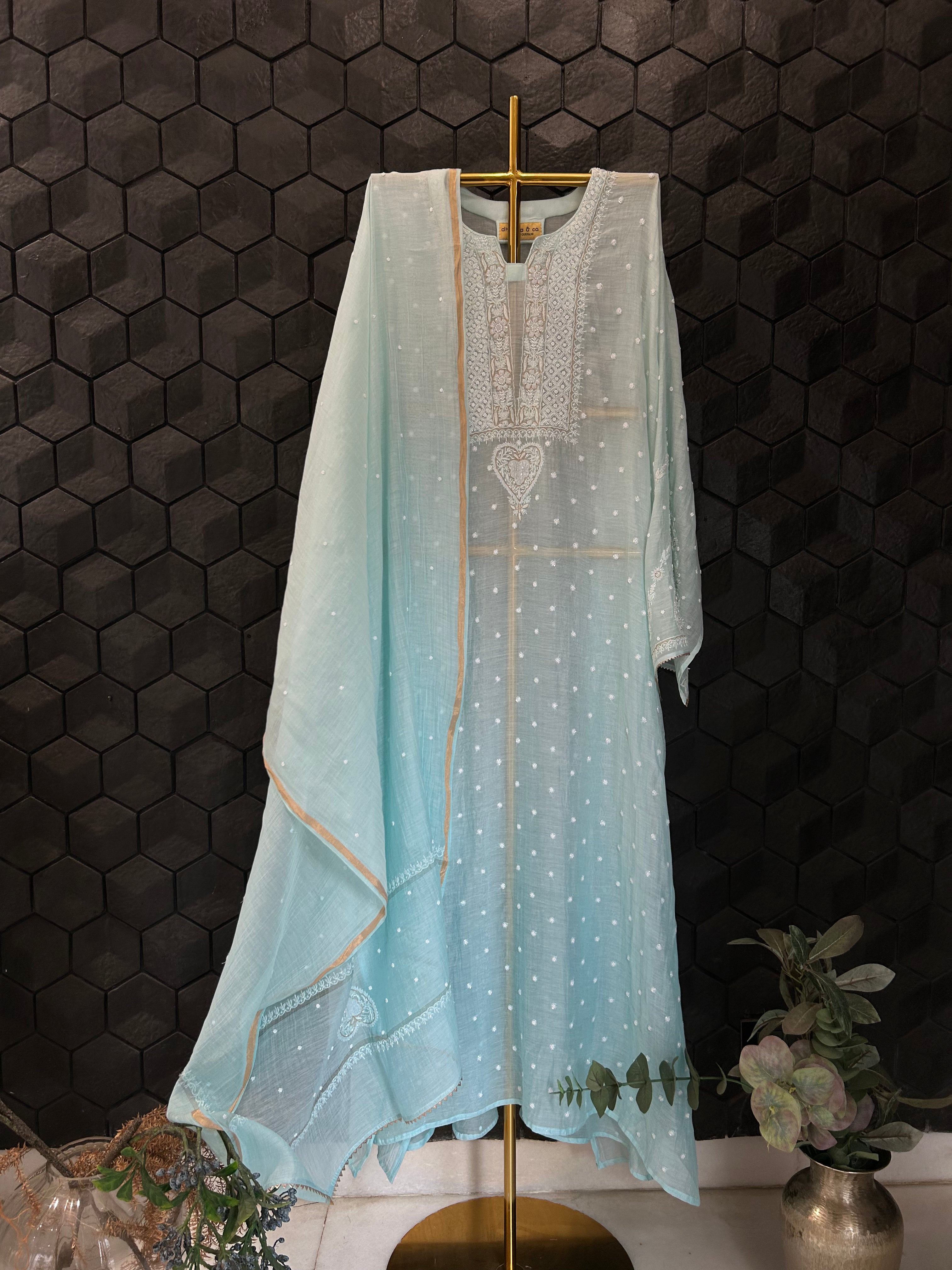 Sea Green Mul Chanderi Chikankari Kurta Set