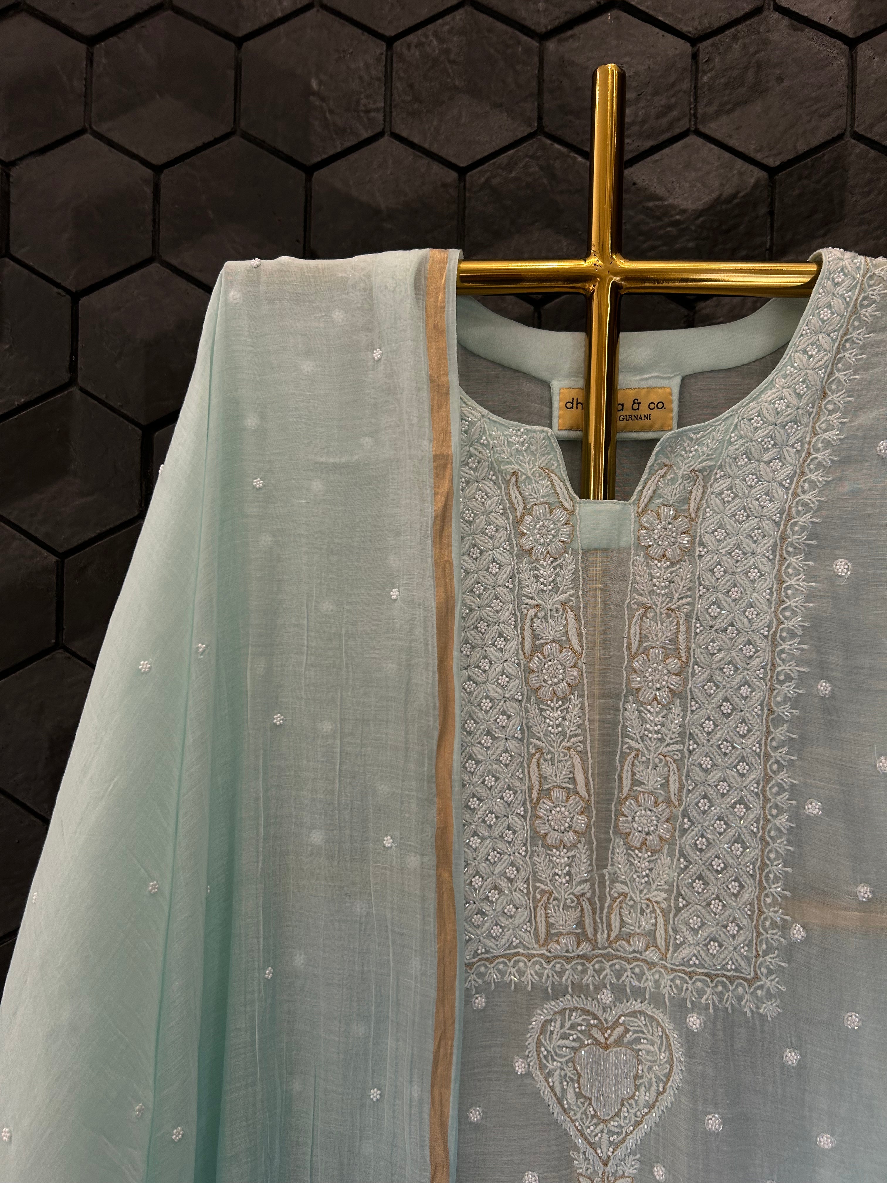 Sea Green Mul Chanderi Chikankari Kurta Set