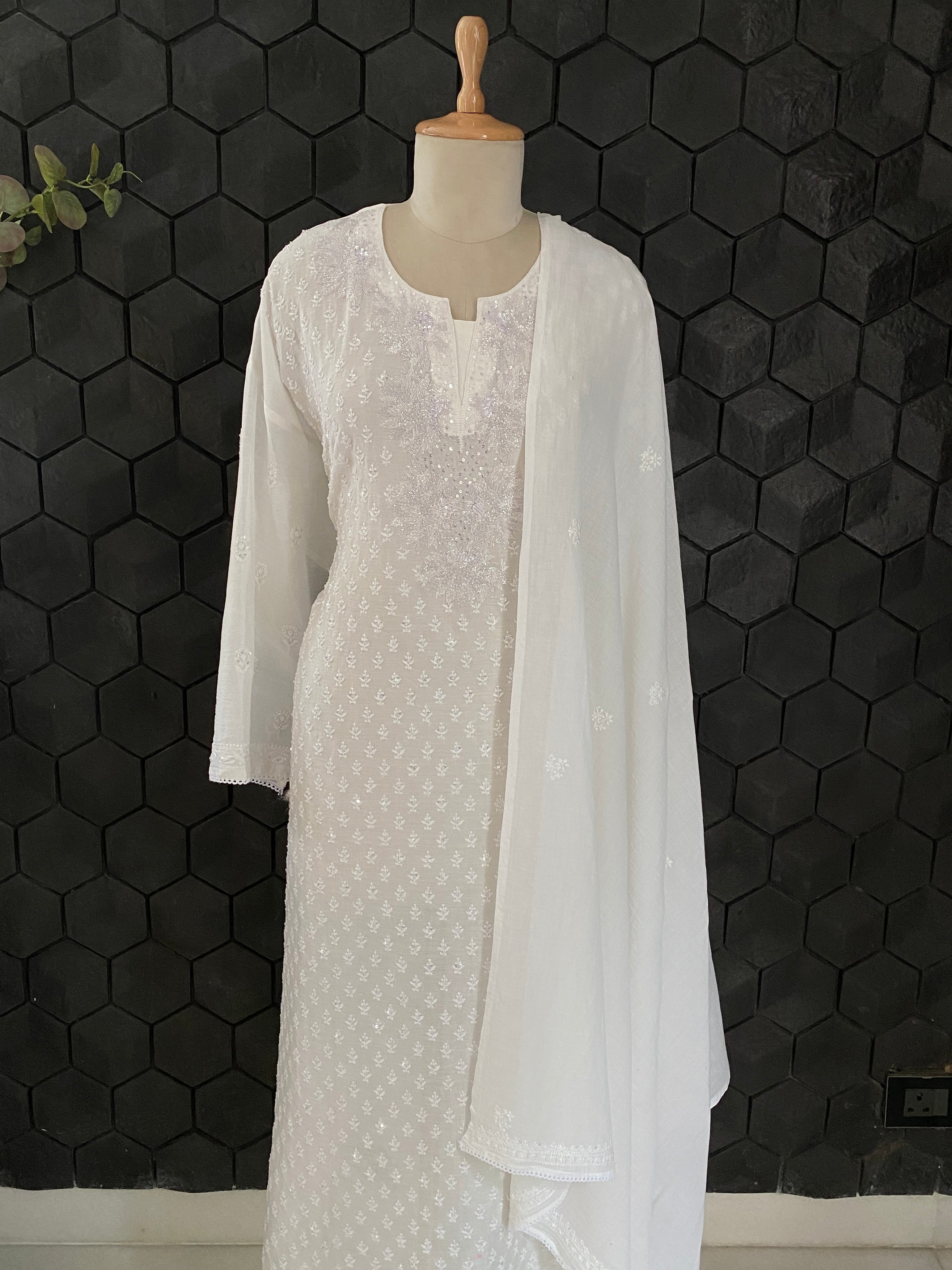 White pure chanderi Chikankari Kurta set