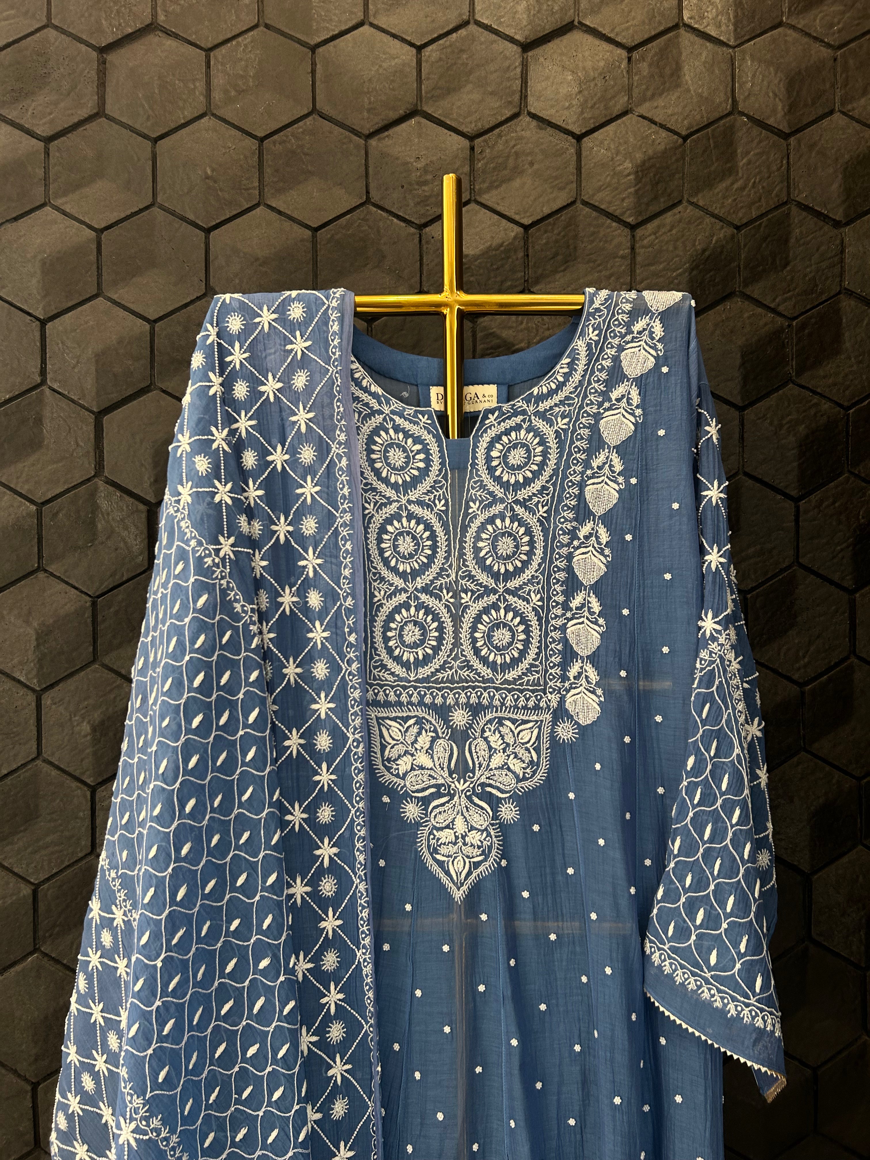 Blue Mul Chanderi Chikankari Anarkali Set