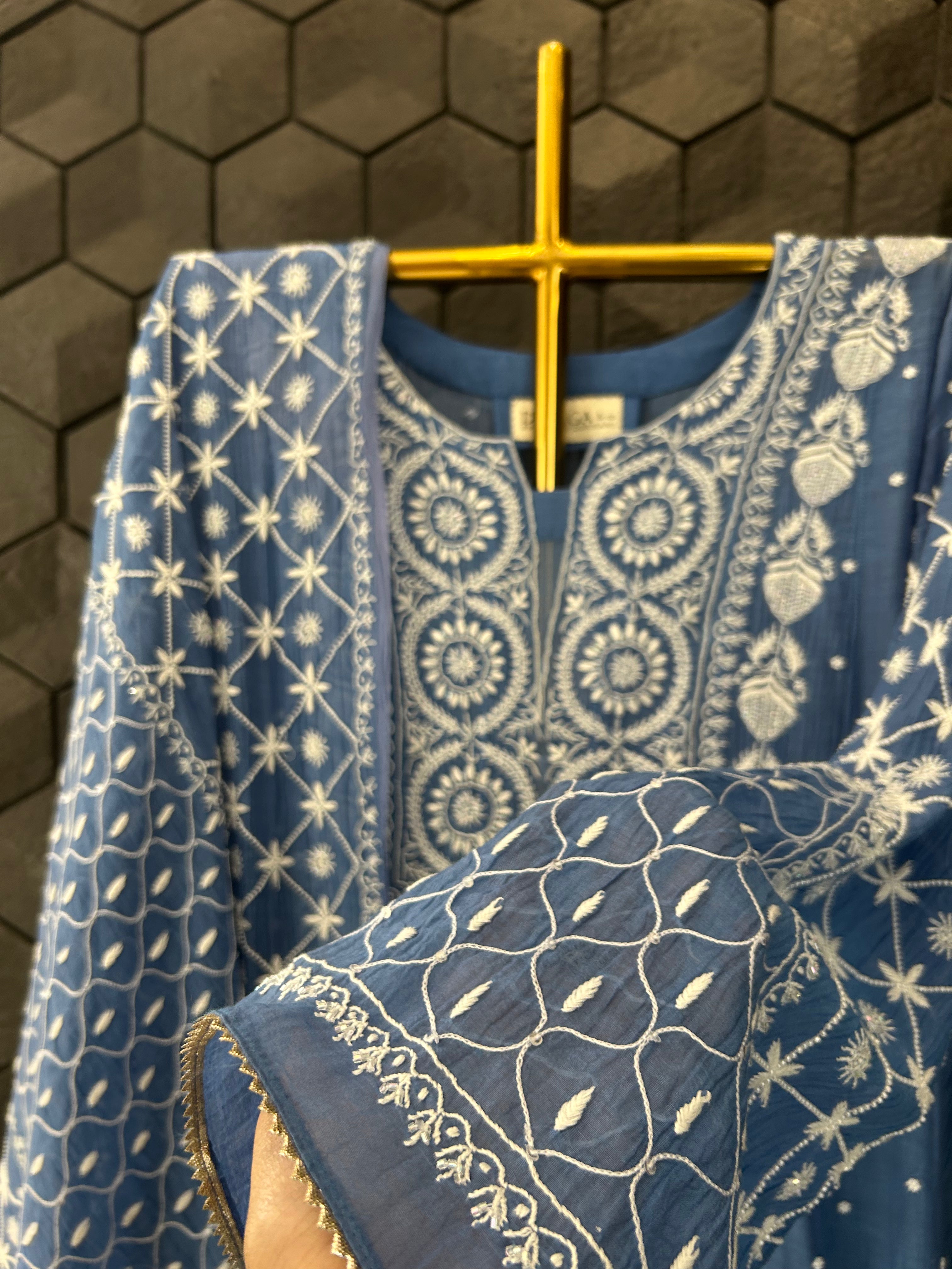 Blue Mul Chanderi Chikankari Anarkali Set