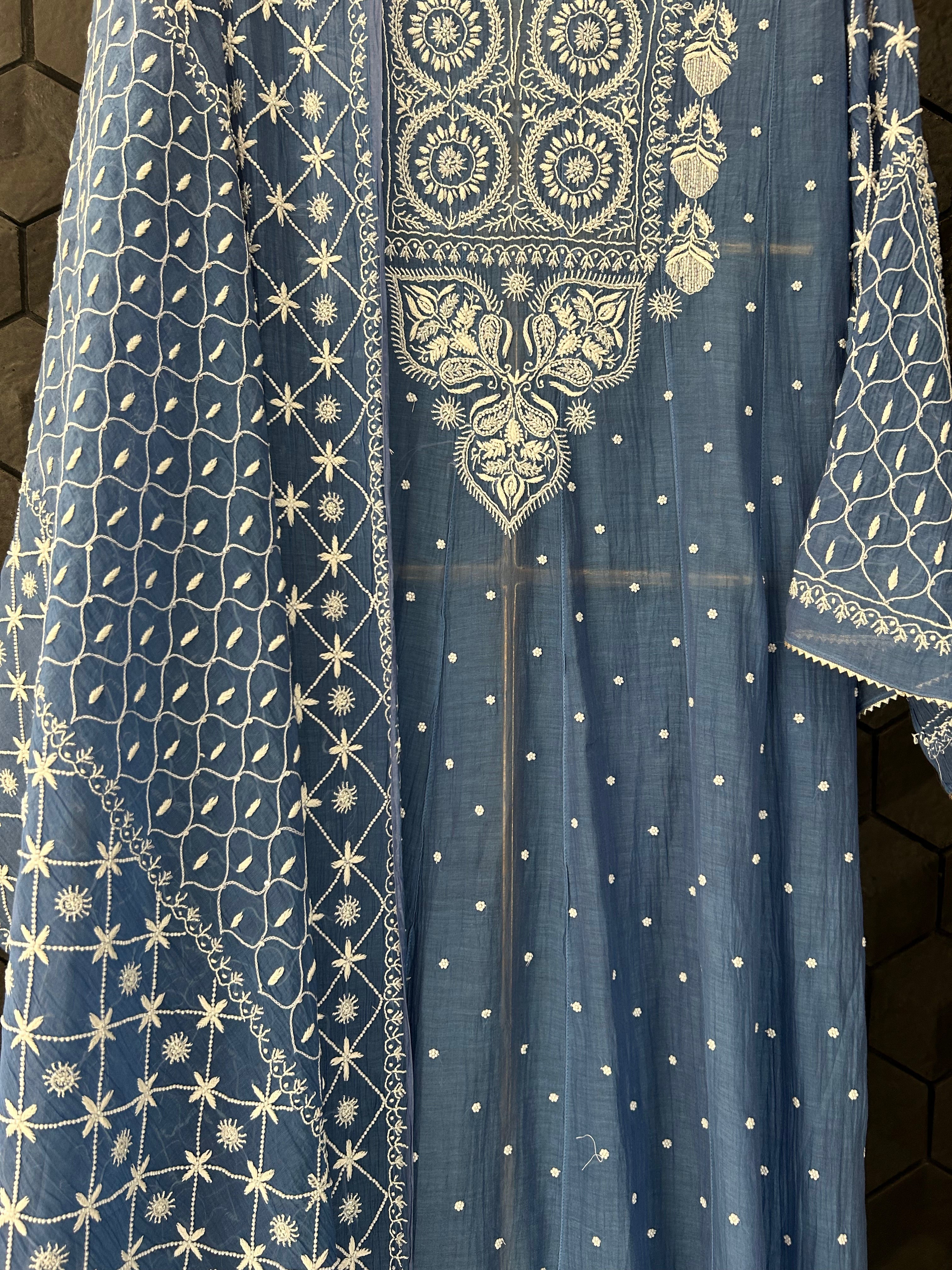 Blue Mul Chanderi Chikankari Anarkali Set