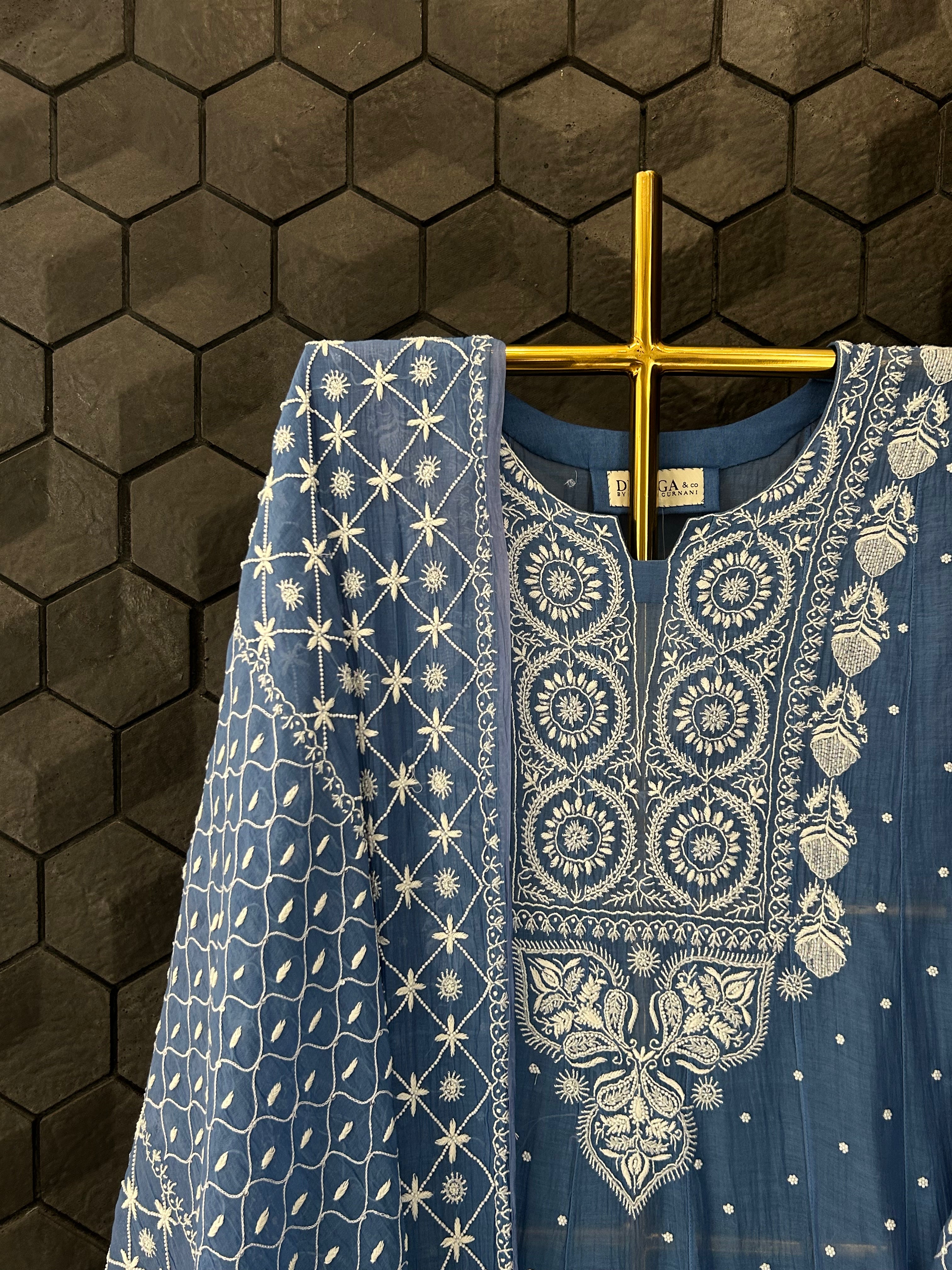 Blue Mul Chanderi Chikankari Anarkali Set