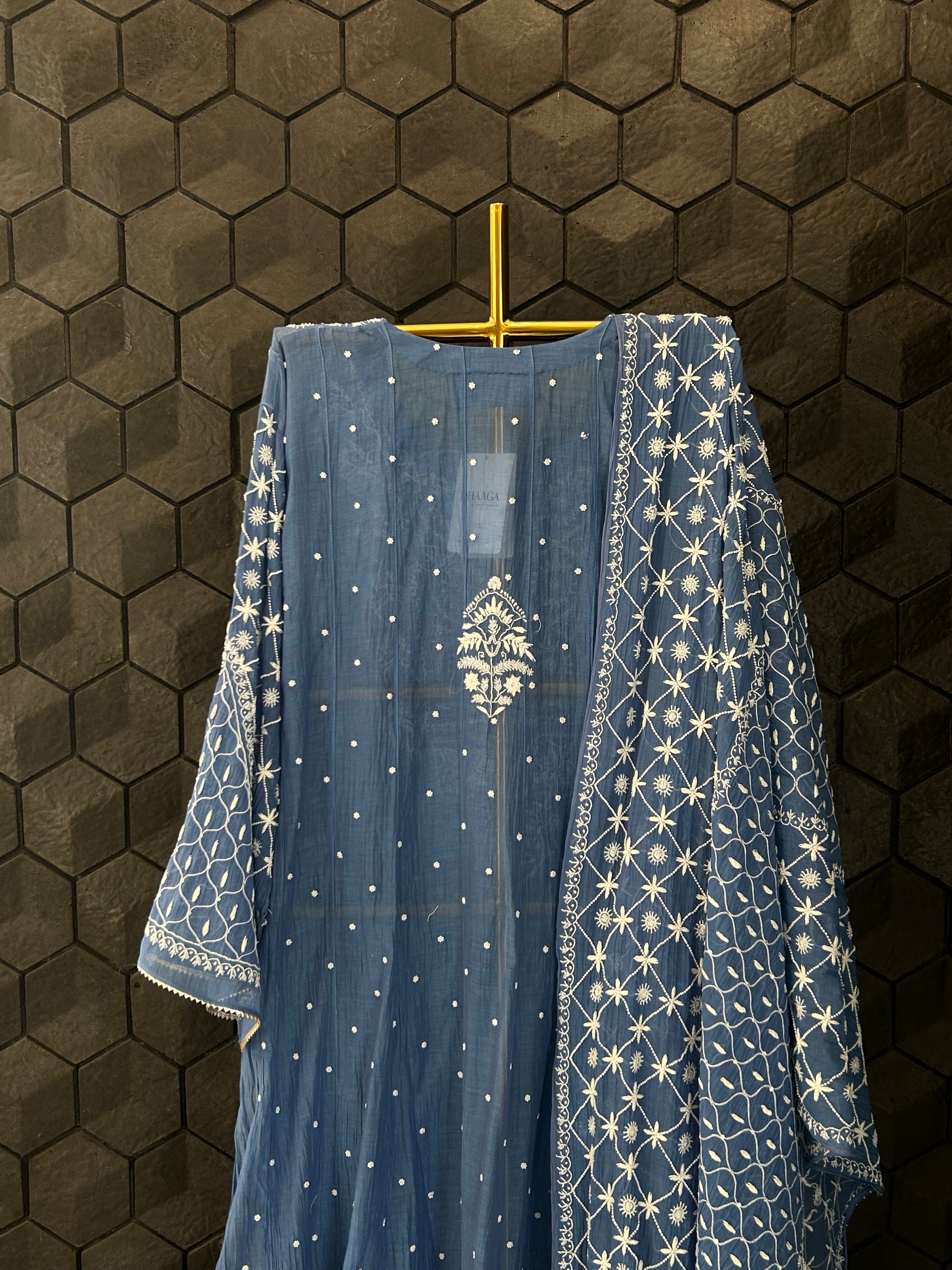 Blue Mul Chanderi Chikankari Anarkali Set