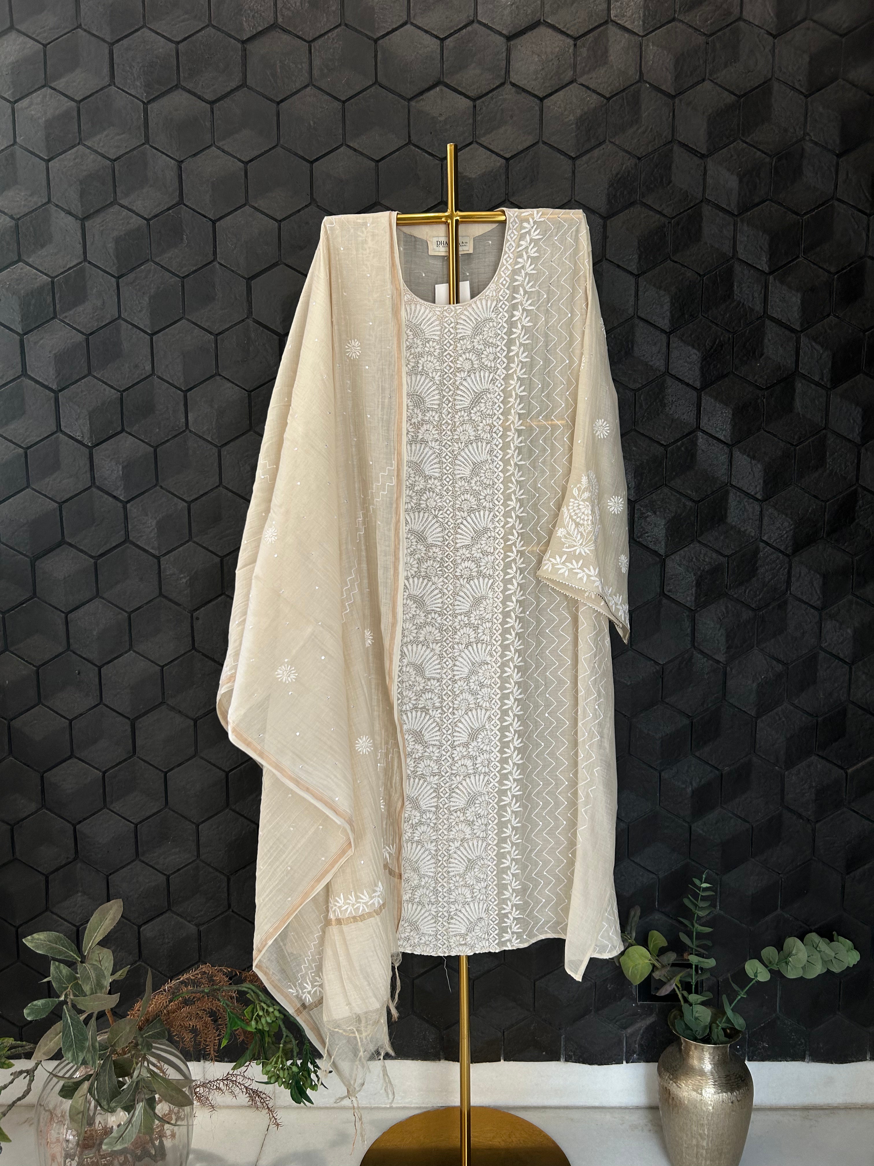 Beige Mul Chanderi Chikankari Kurta Set