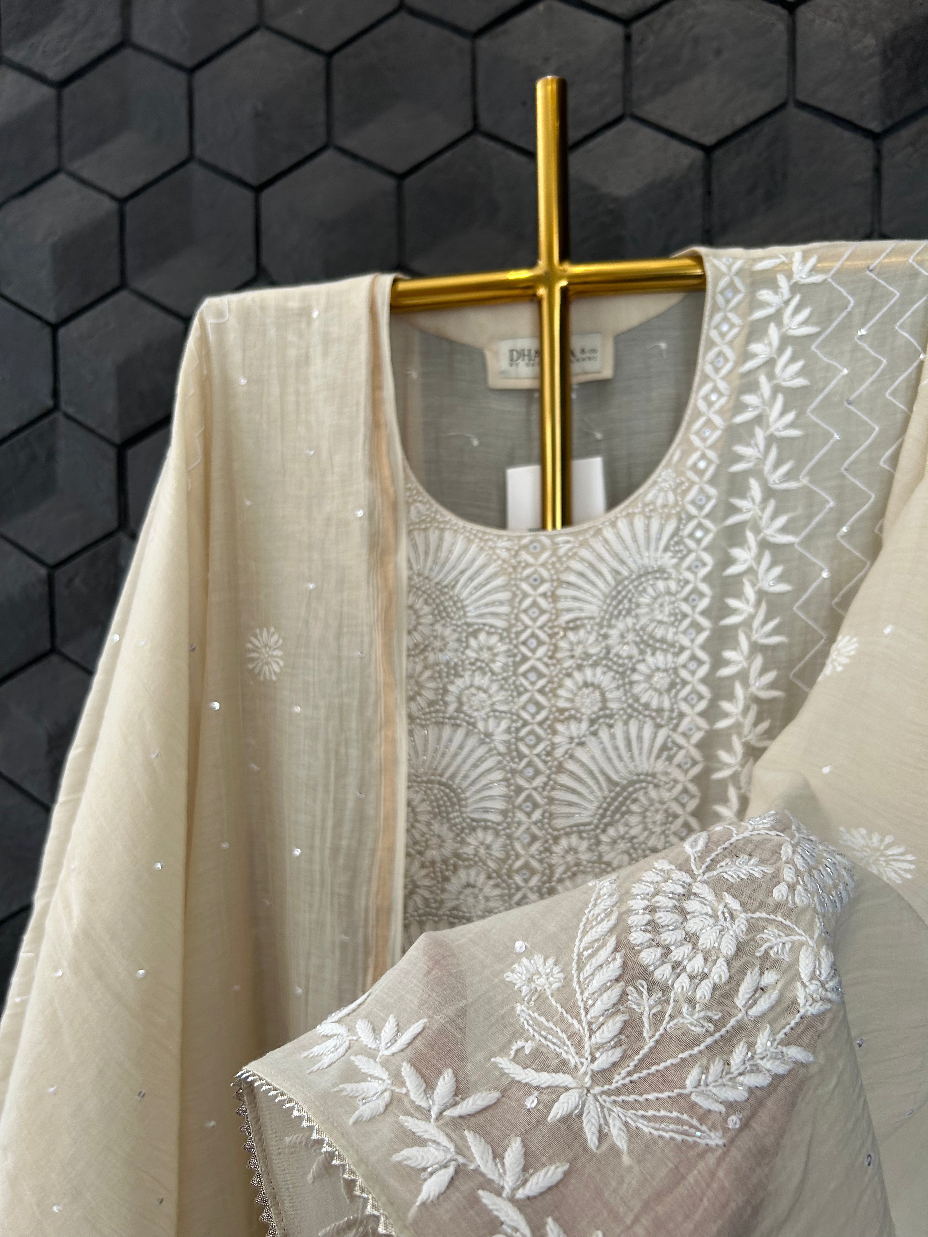 Beige Mul Chanderi Chikankari Kurta Set