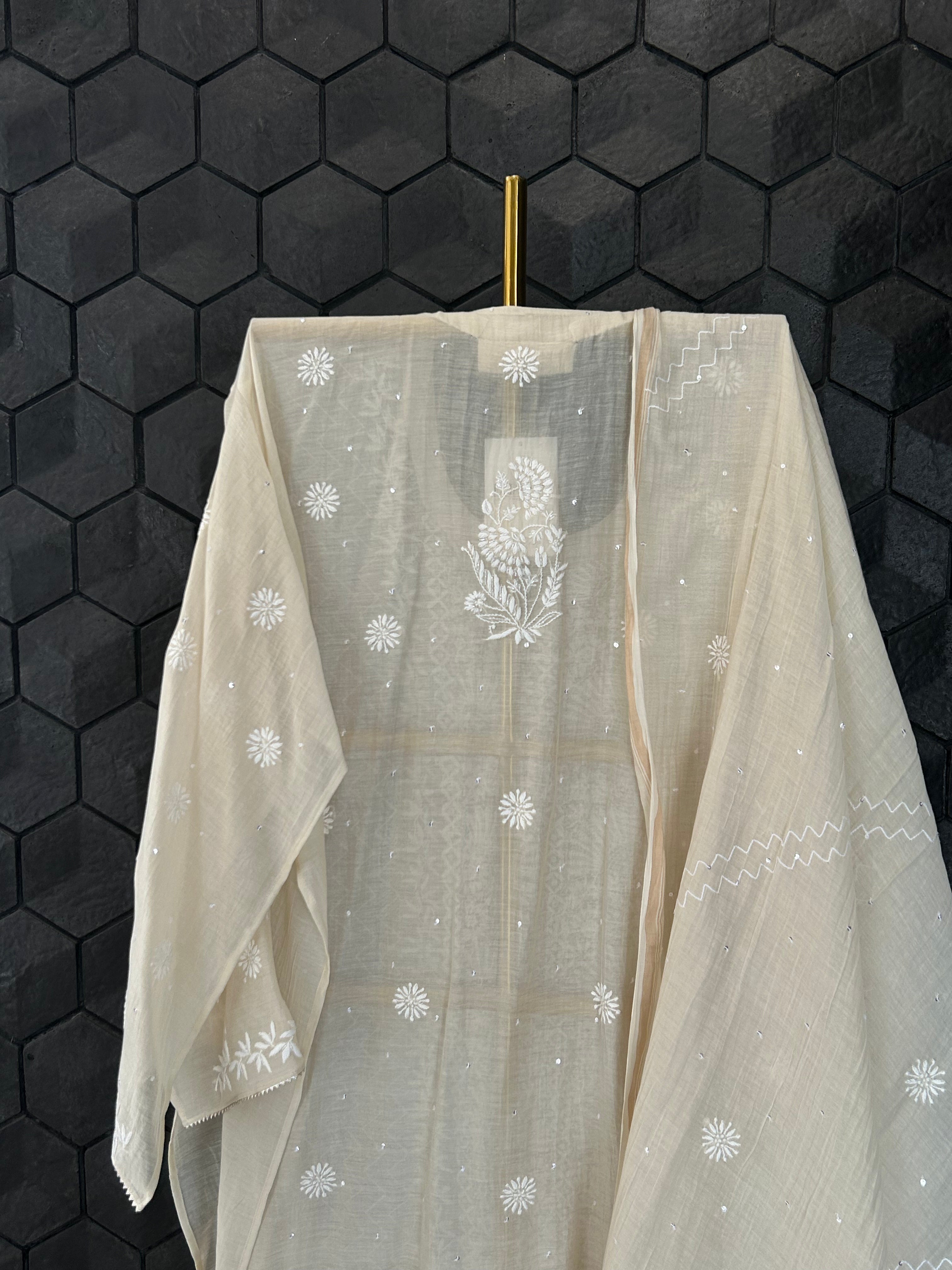 Beige Mul Chanderi Chikankari Kurta Set