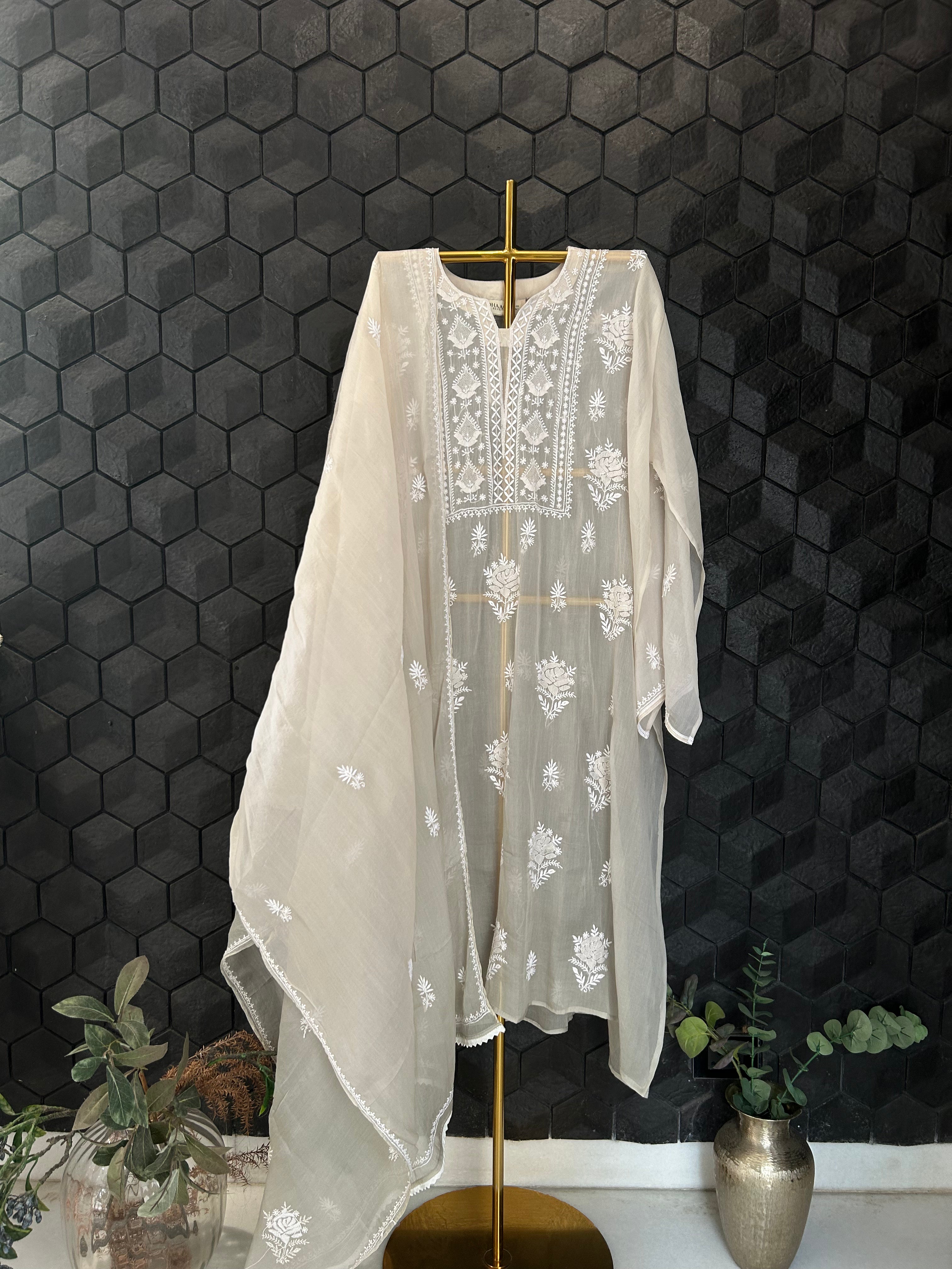 Brown Organza Chikankari kurta Set