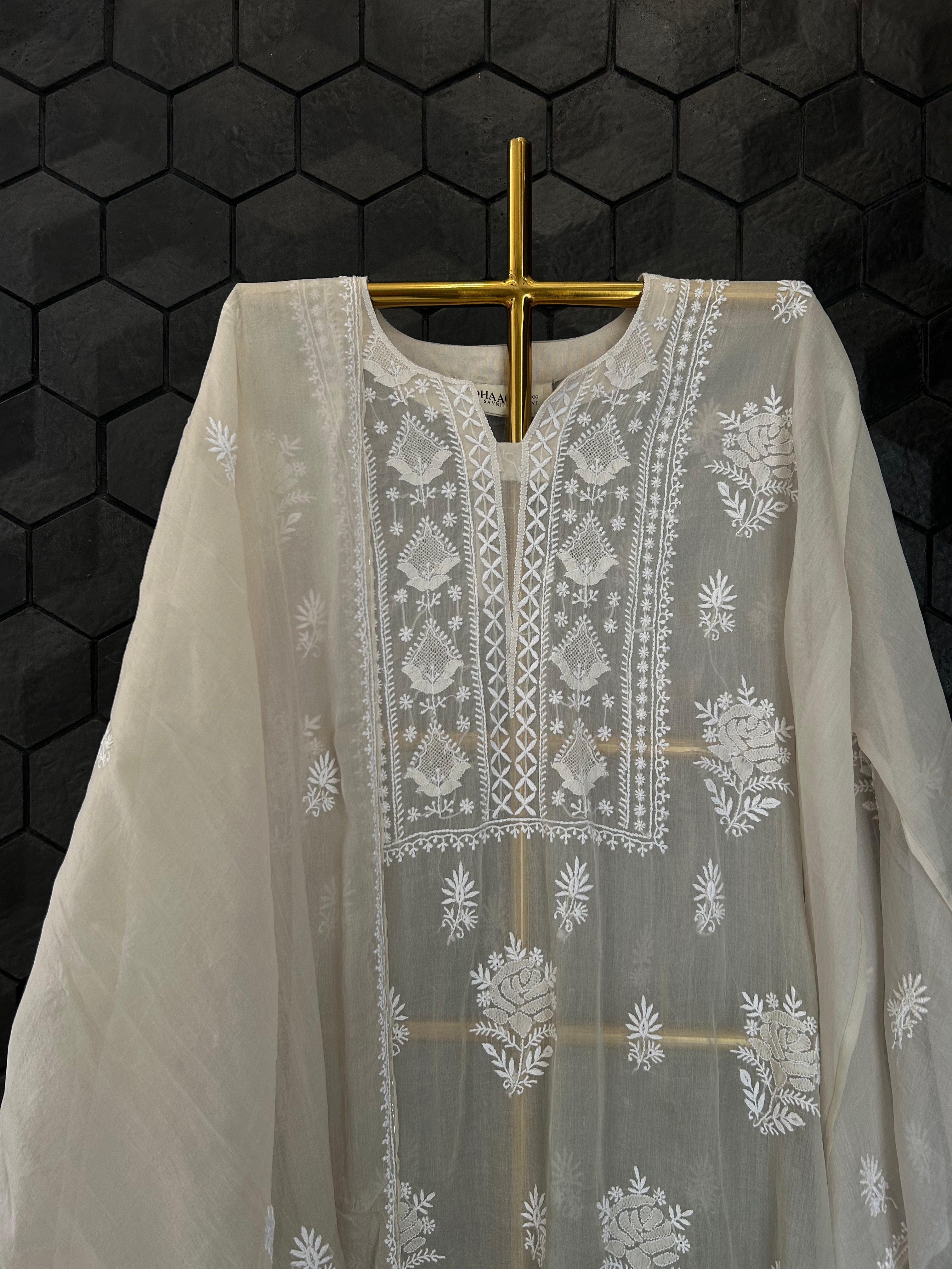 Brown Organza Chikankari kurta Set