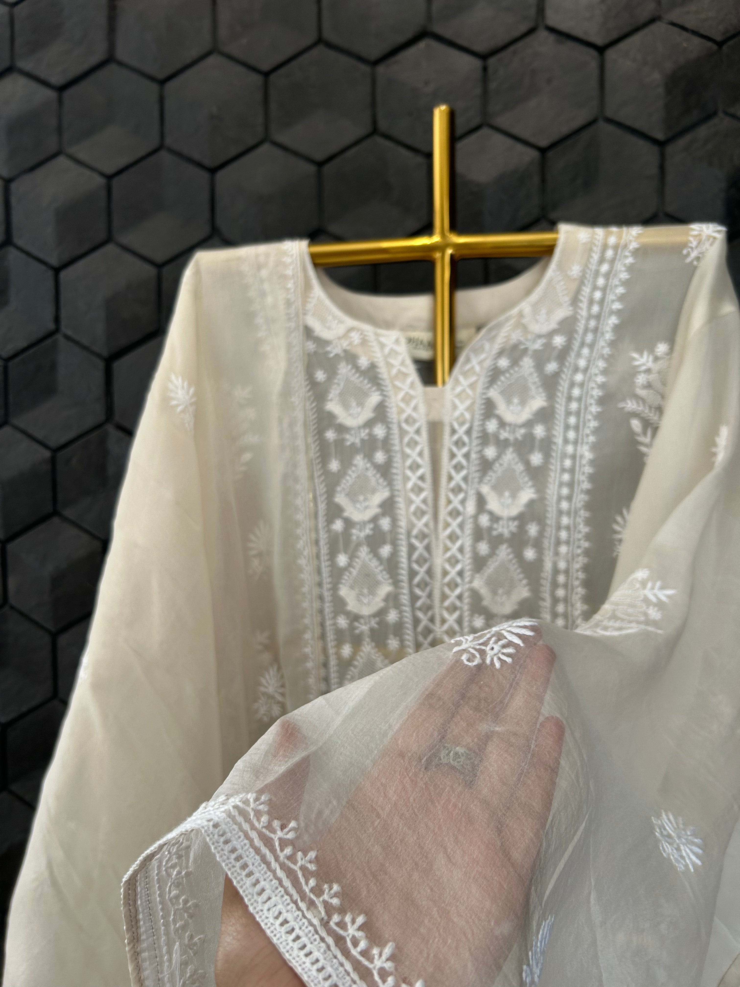 Brown Organza Chikankari kurta Set