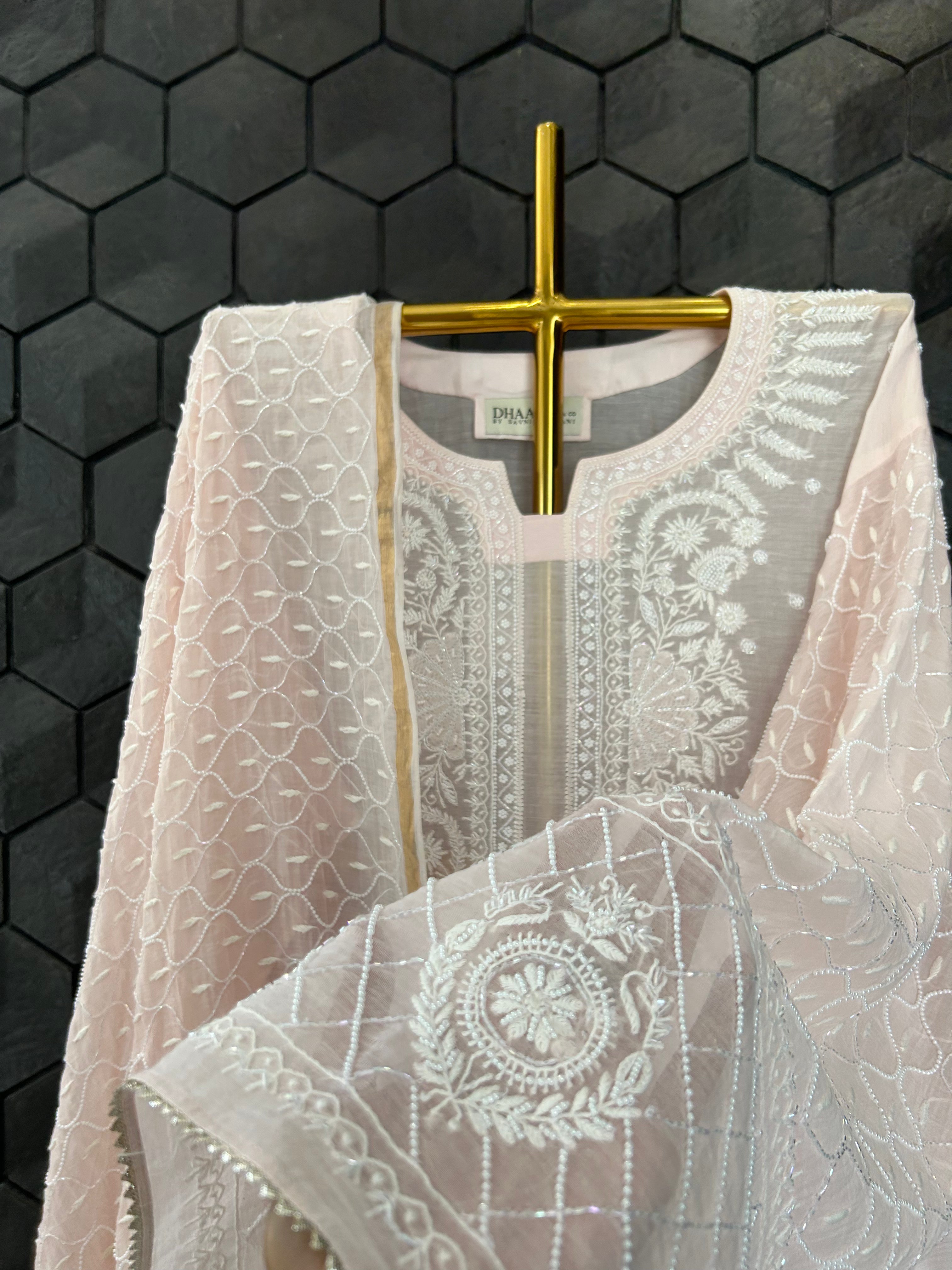 Pink Mul Chanderi Chikankari Kurta Set