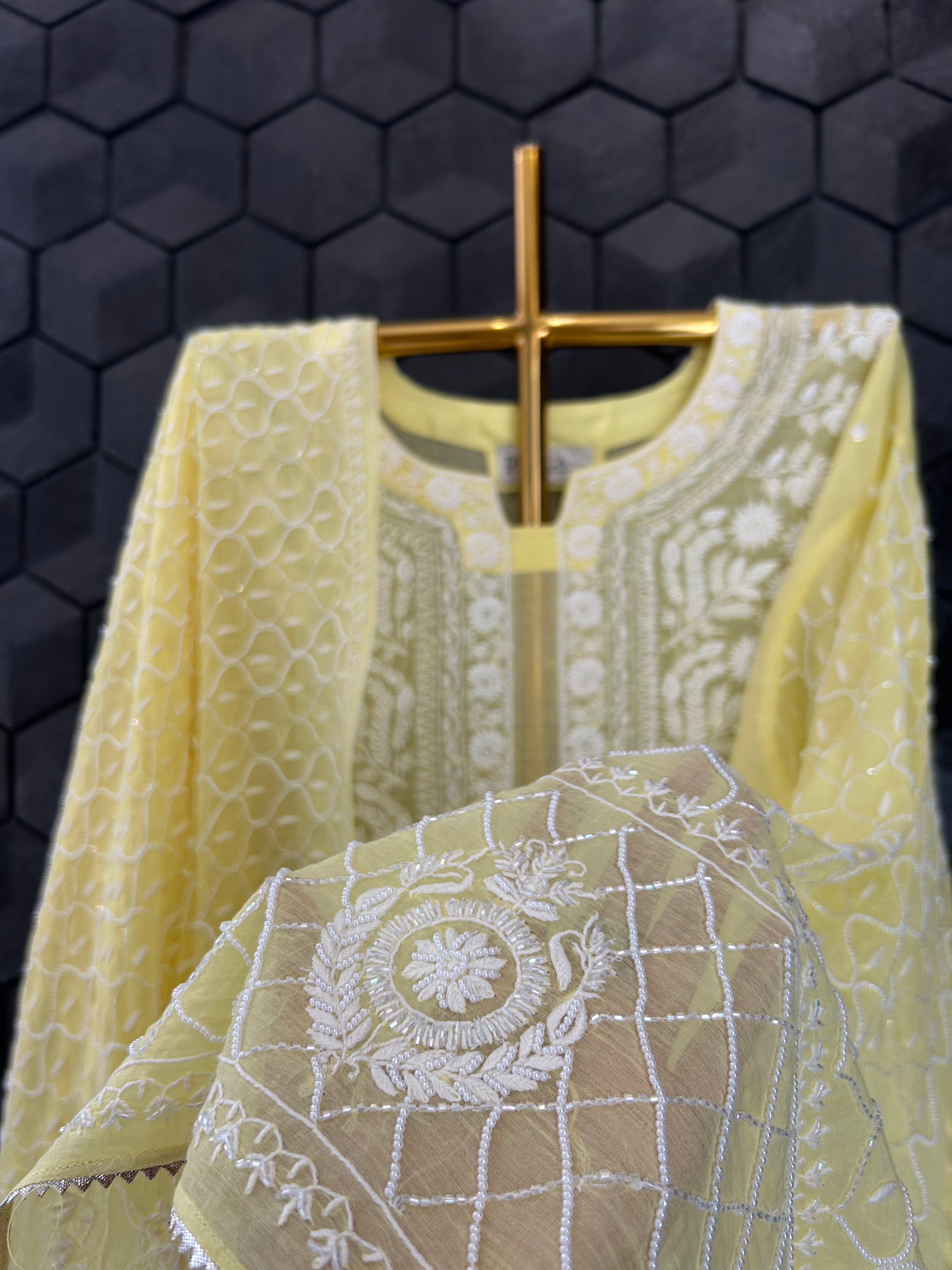 Green Mul Chanderi Chikankari kurta Set