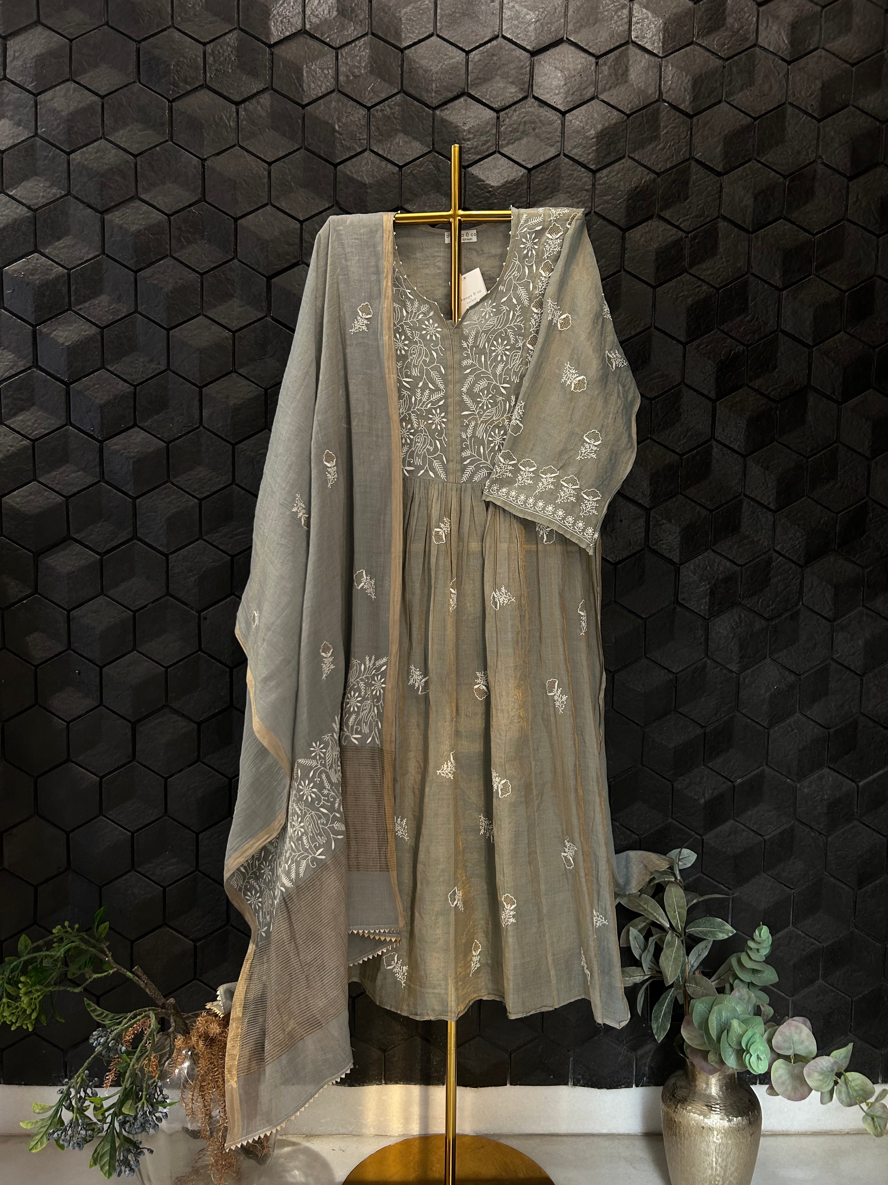 Grey Tissue Chikankari Kurta Set