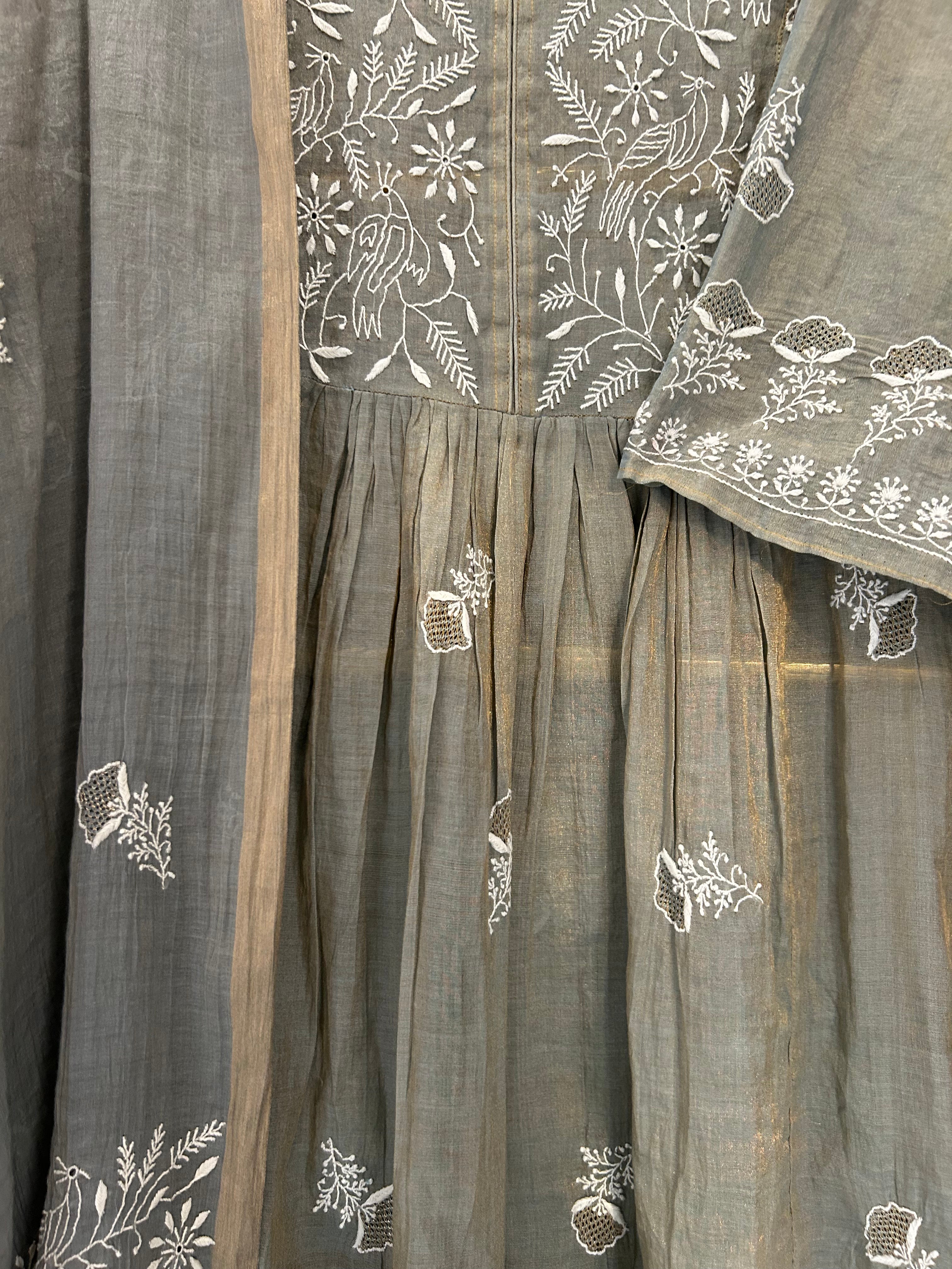 Grey Tissue Chikankari Kurta Set