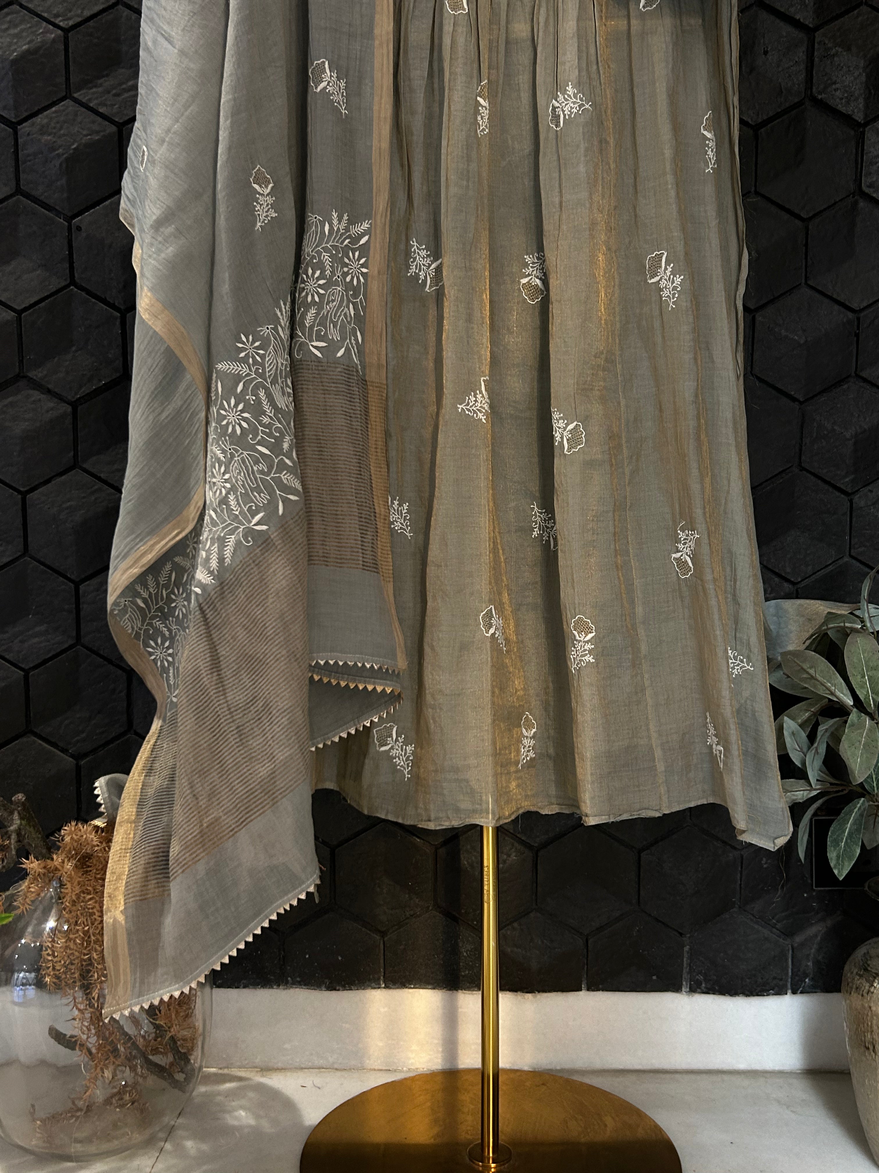 Grey Tissue Chikankari Kurta Set